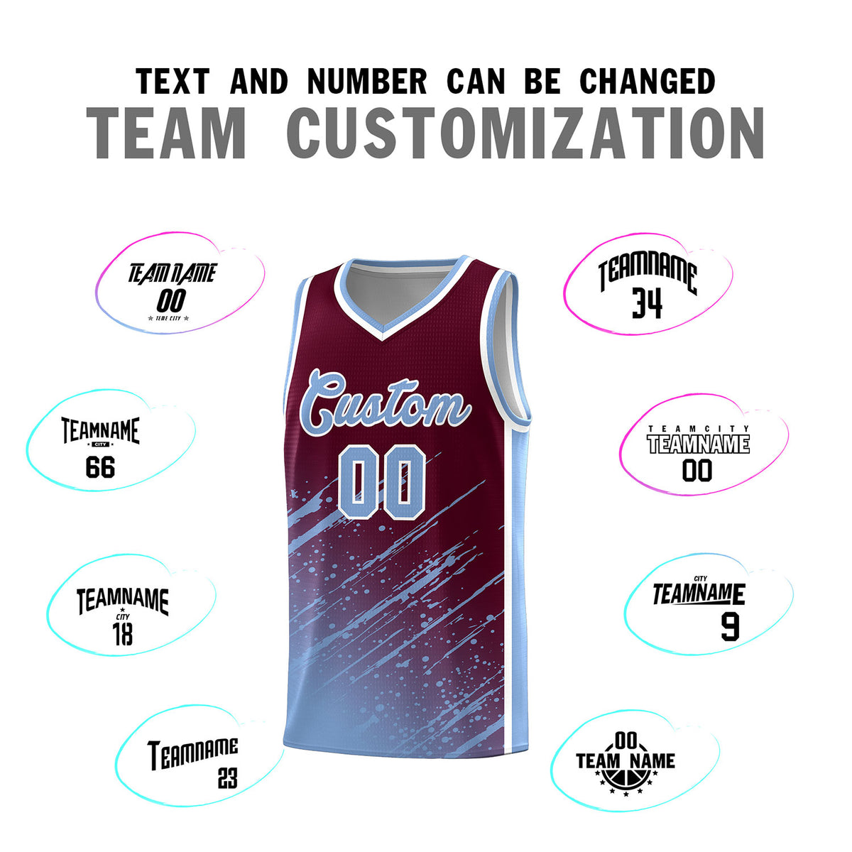 Custom Crimson Basketball Kits With Light Blue Paint Graffiti