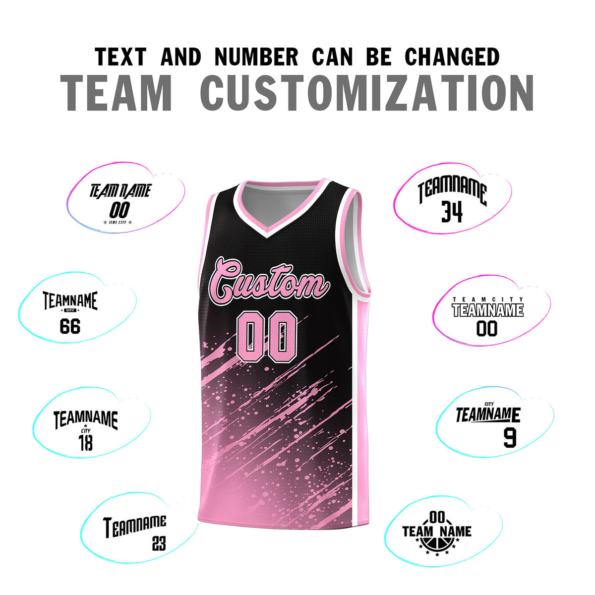 Custom Black Basketball Kits With Light Pink Paint Graffiti
