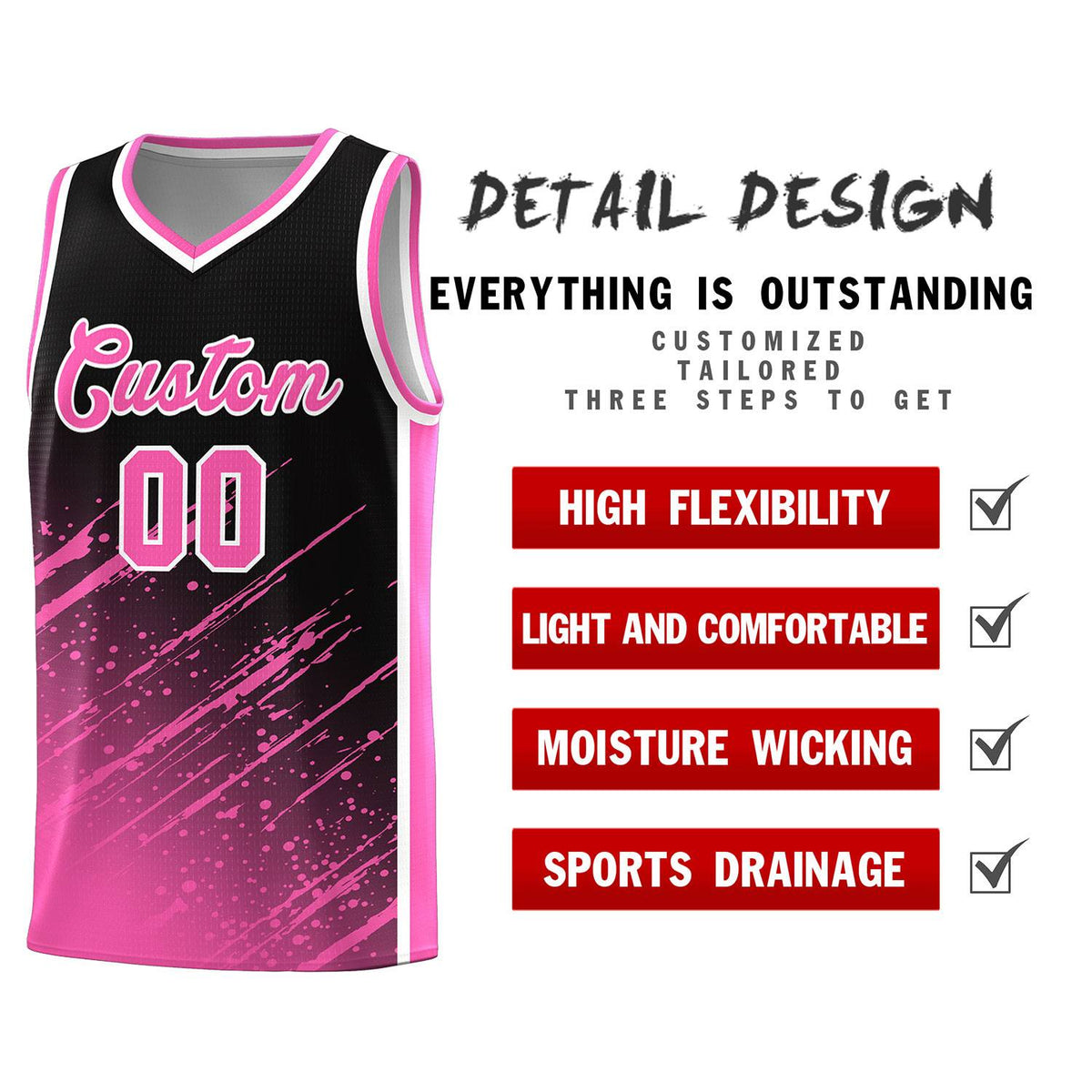 Custom Black Basketball Kits With Pink Paint Graffiti