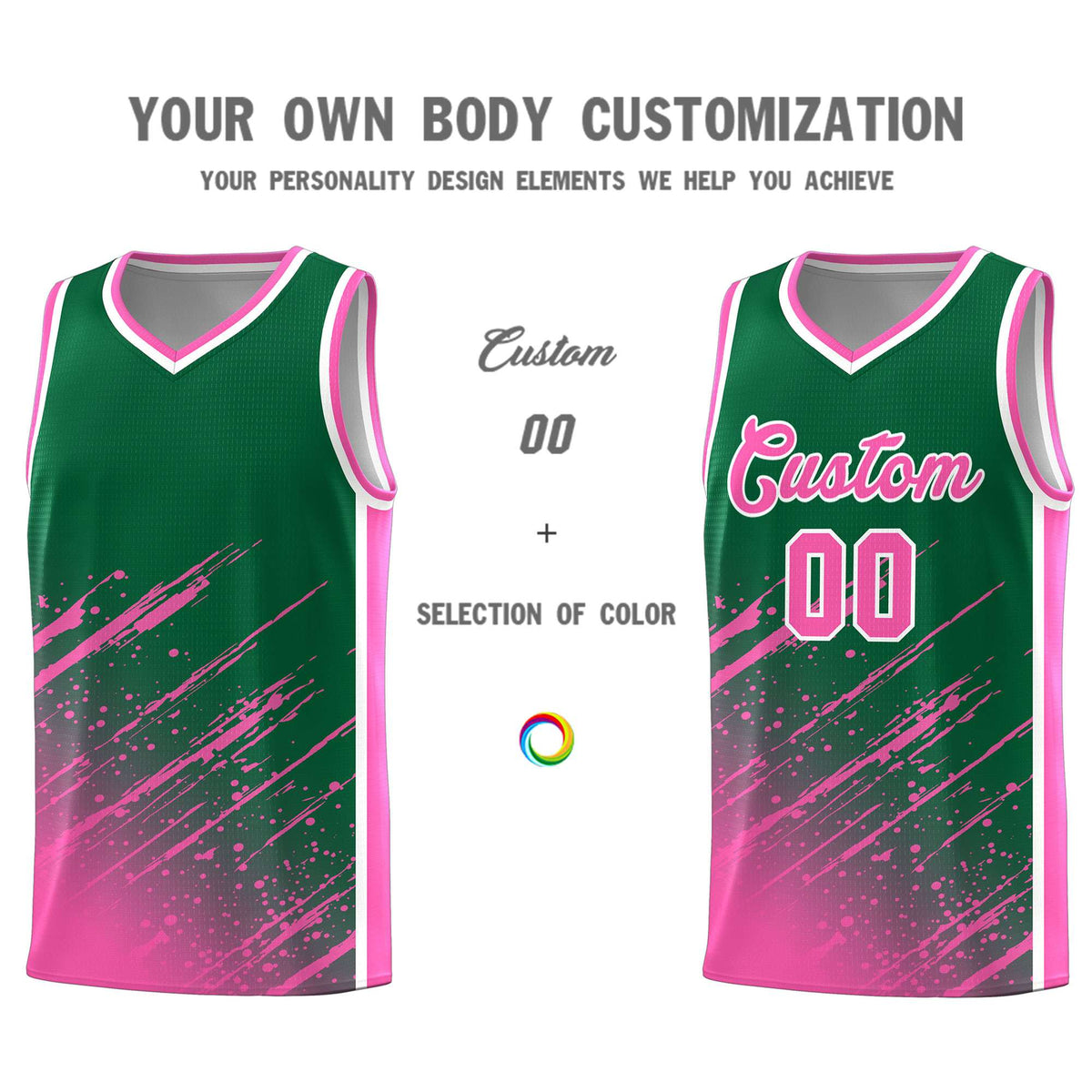 Custom Kelly Green Basketball Kits With Pink Paint Graffiti
