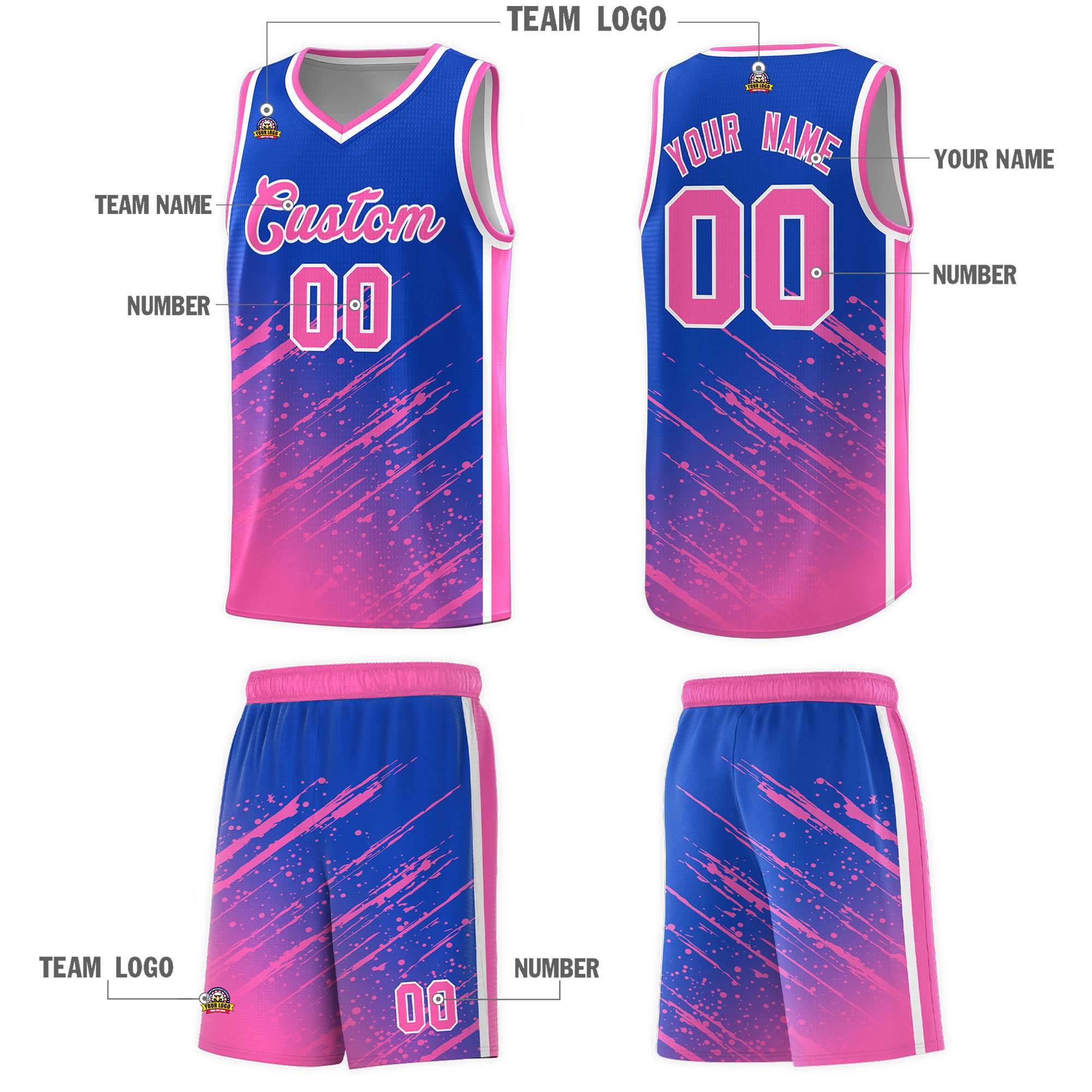 Custom Royal Basketball Kits With Pink Paint Graffiti