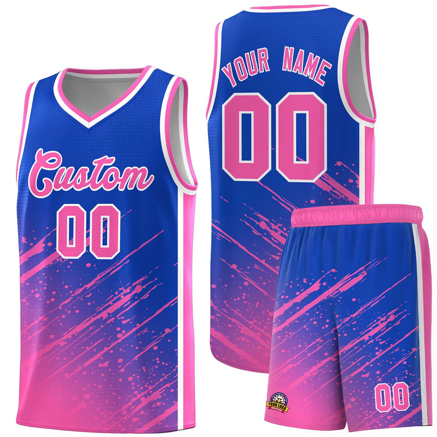 Custom Royal Basketball Kits With Pink Paint Graffiti