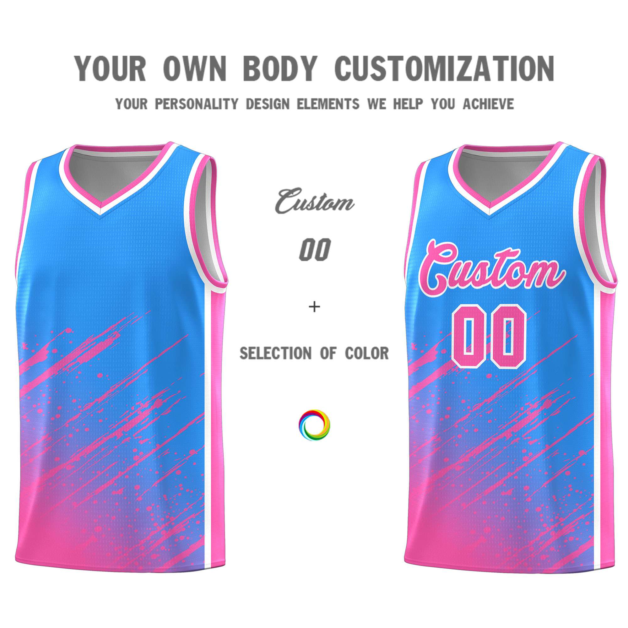 Custom Powder Blue Basketball Kits With Pink Paint Graffiti