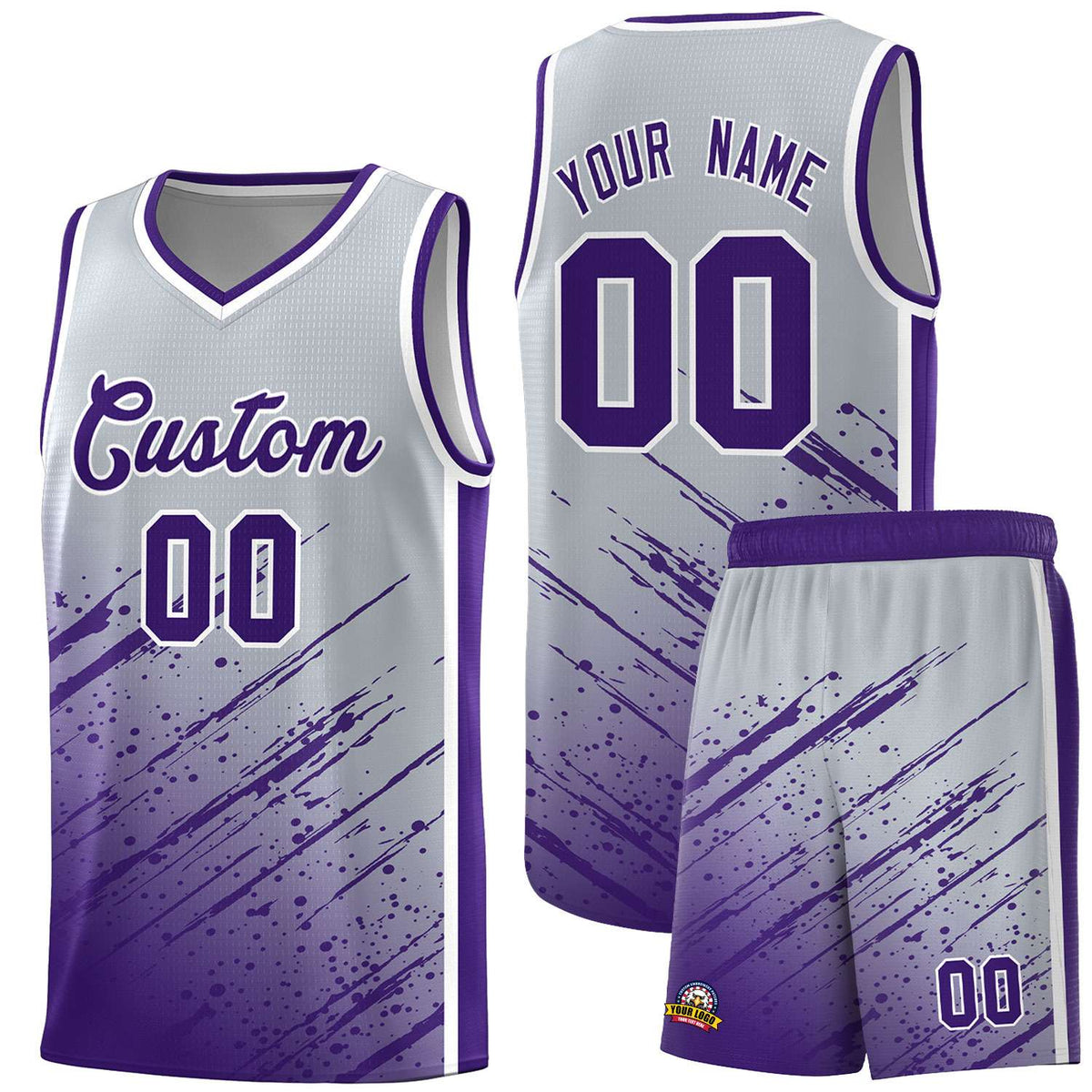 Custom Gray Basketball Kits With Purple Paint Graffiti