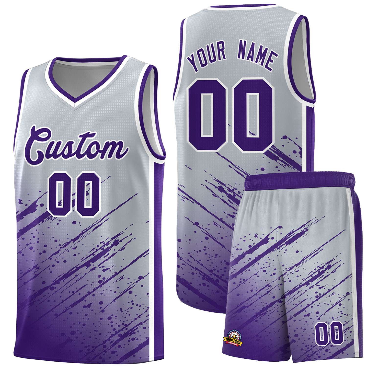 Custom Gray Basketball Kits With Purple Paint Graffiti
