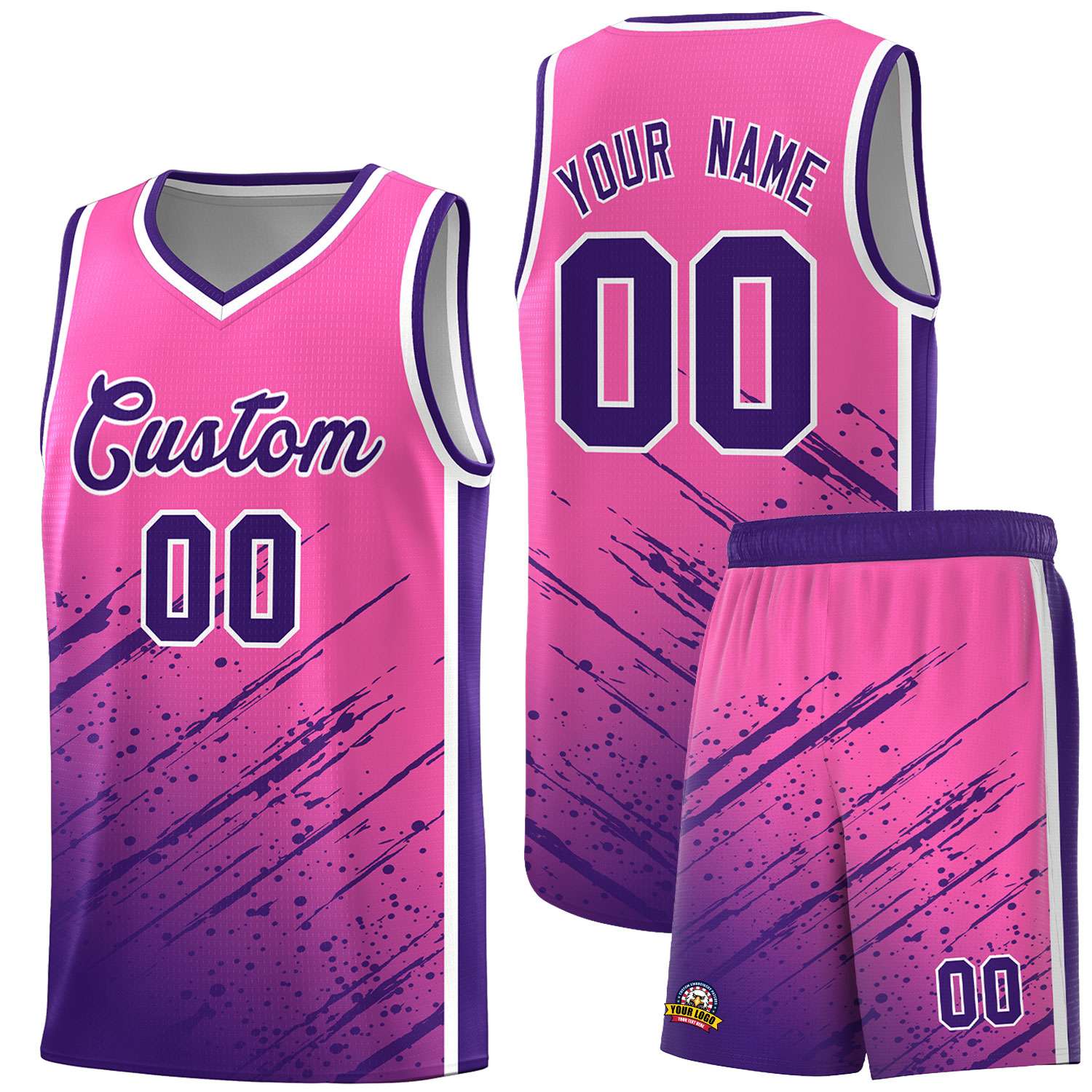 Custom Pink Basketball Kits With Purple Paint Graffiti