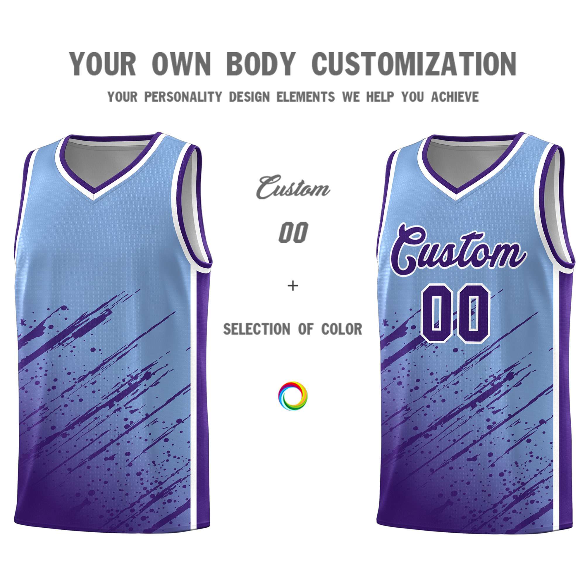 Custom Light Blue Basketball Kits With Purple Paint Graffiti