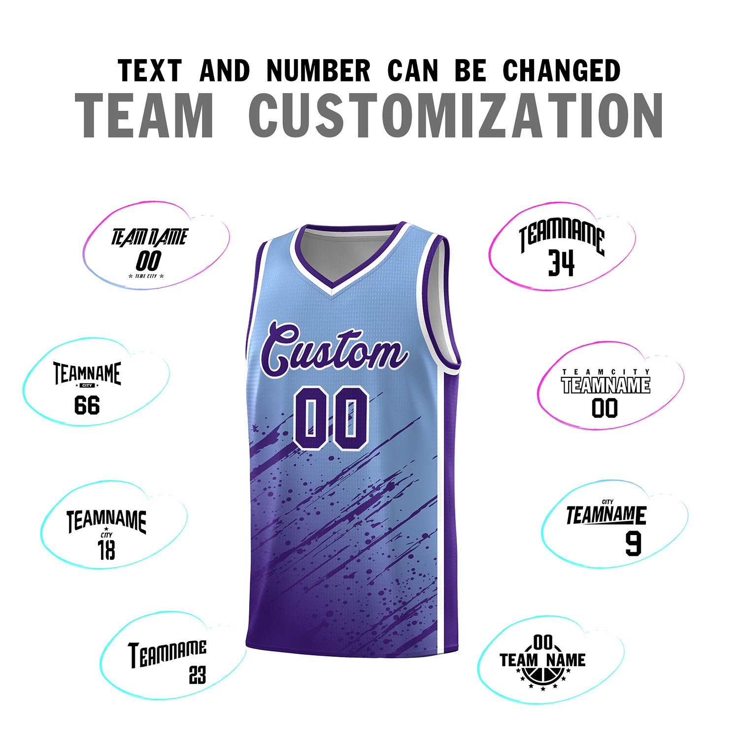 Custom Light Blue Basketball Kits With Purple Paint Graffiti