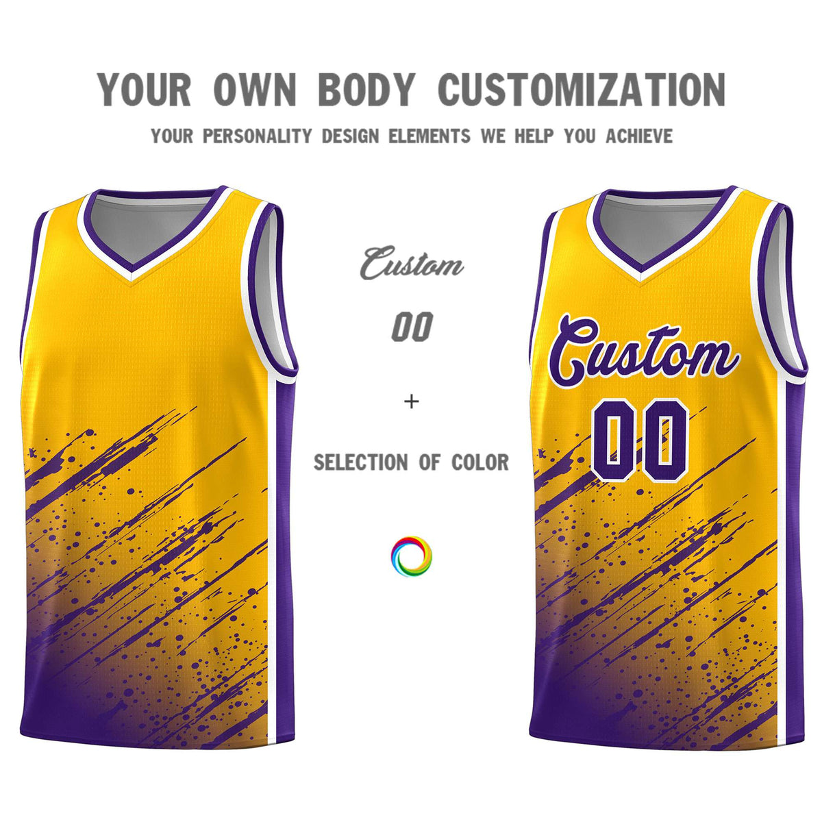 Custom Yellow Basketball Kits With Purple Paint Graffiti