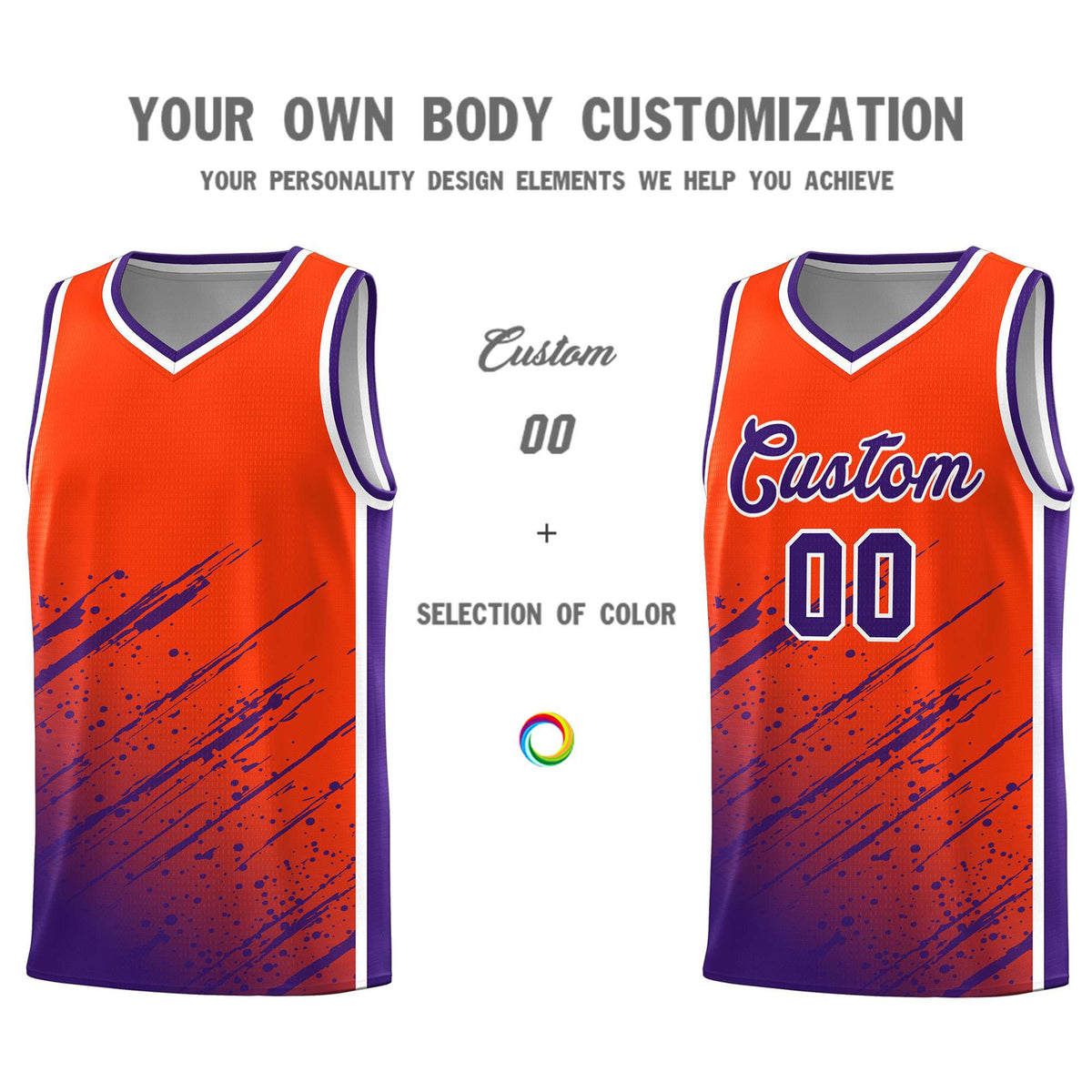 Custom Orange Basketball Kits With Purple Paint Graffiti