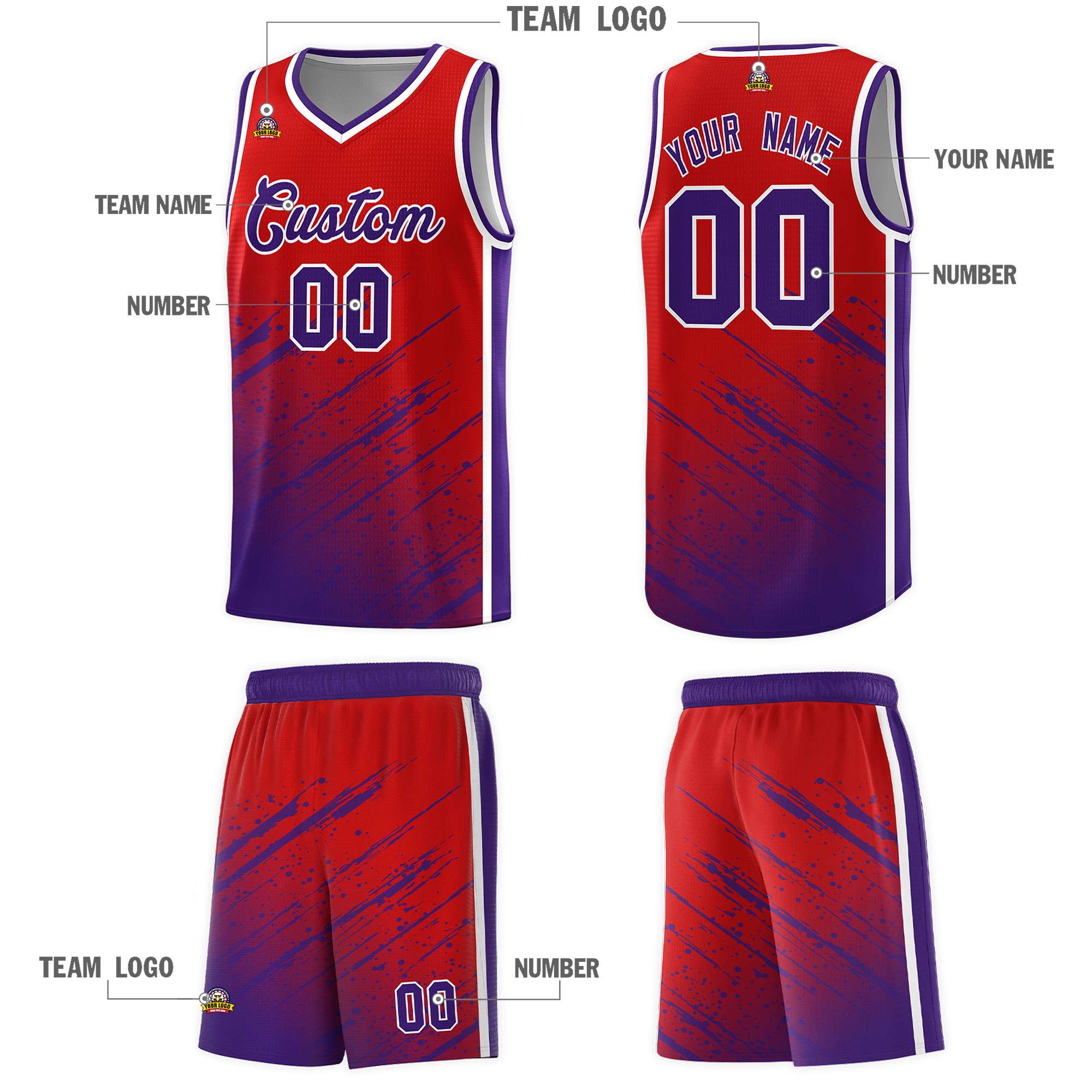 Custom Red Basketball Kits With Purple Paint Graffiti