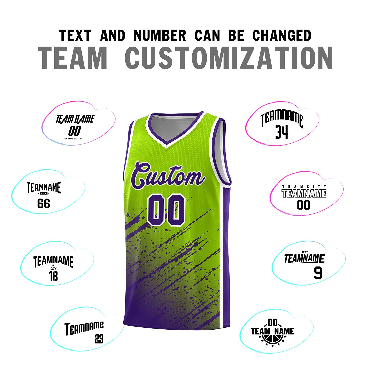 Custom Neon Green Basketball Kits With Purple Paint Graffiti