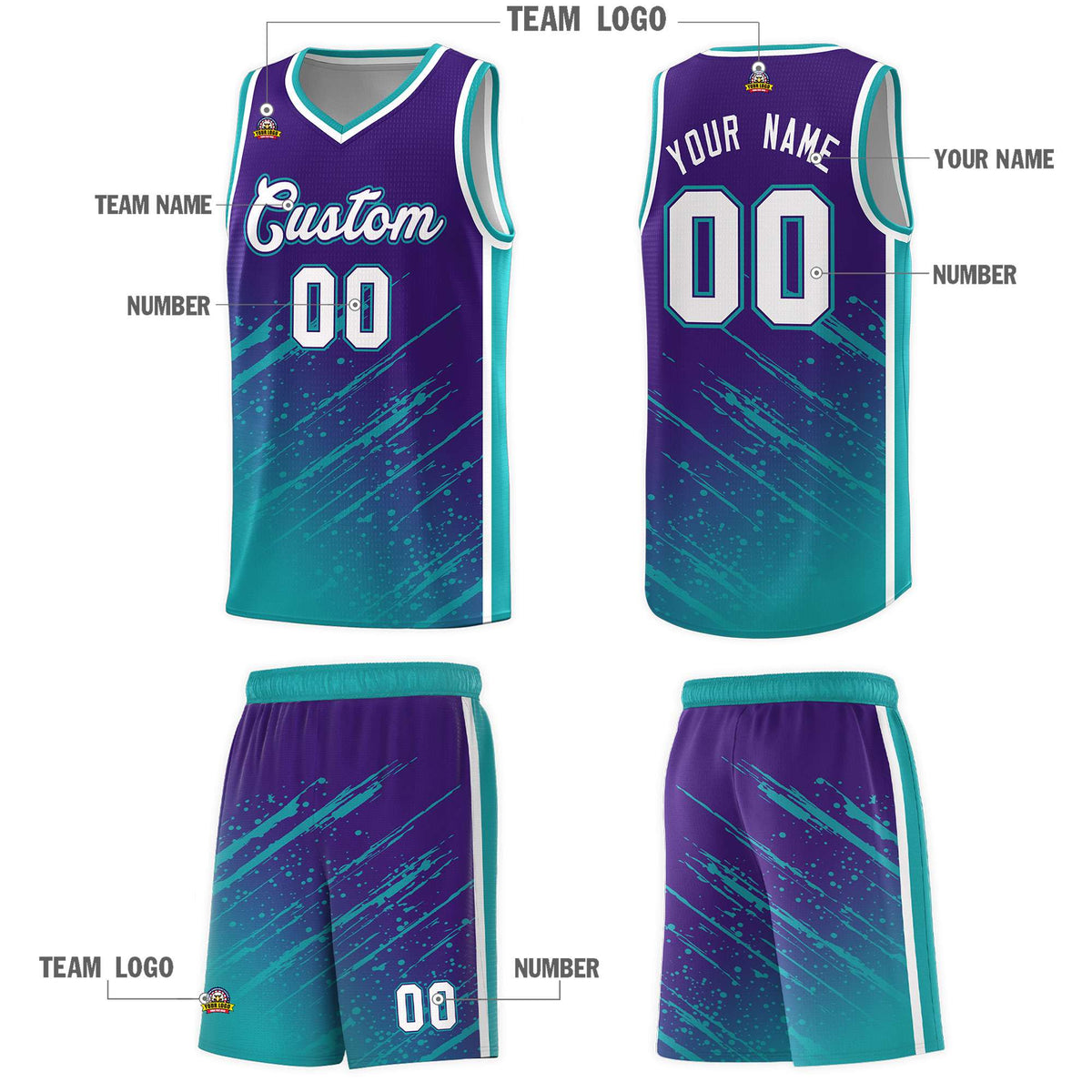 Custom Purple Basketball Kits With Aqua Paint Graffiti