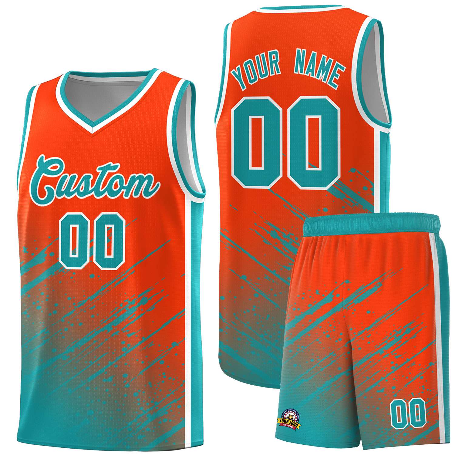Custom Orange Basketball Kits With Aqua Paint Graffiti