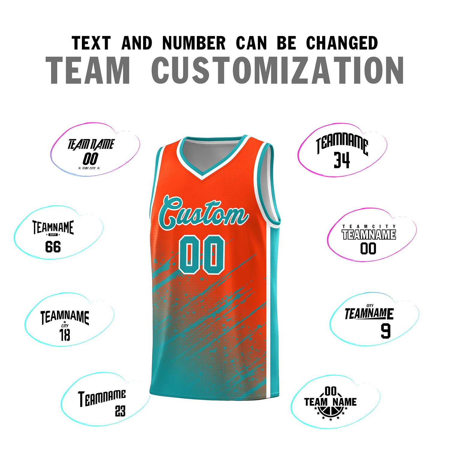 Custom Orange Basketball Kits With Aqua Paint Graffiti