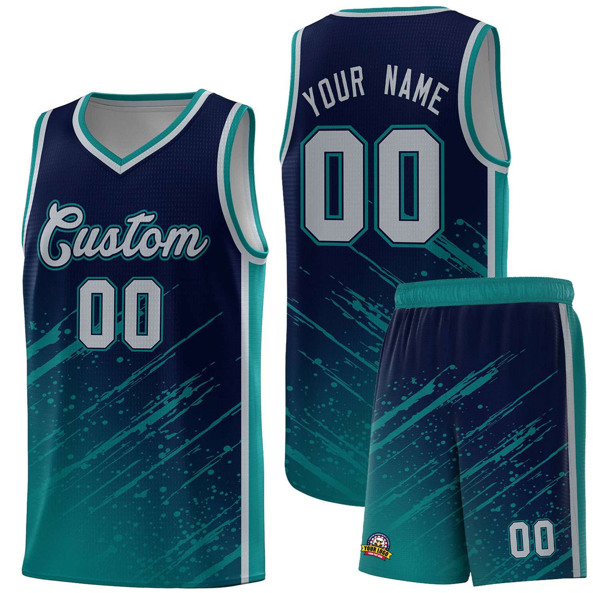 Custom Navy Basketball Kits With Aqua Paint Graffiti