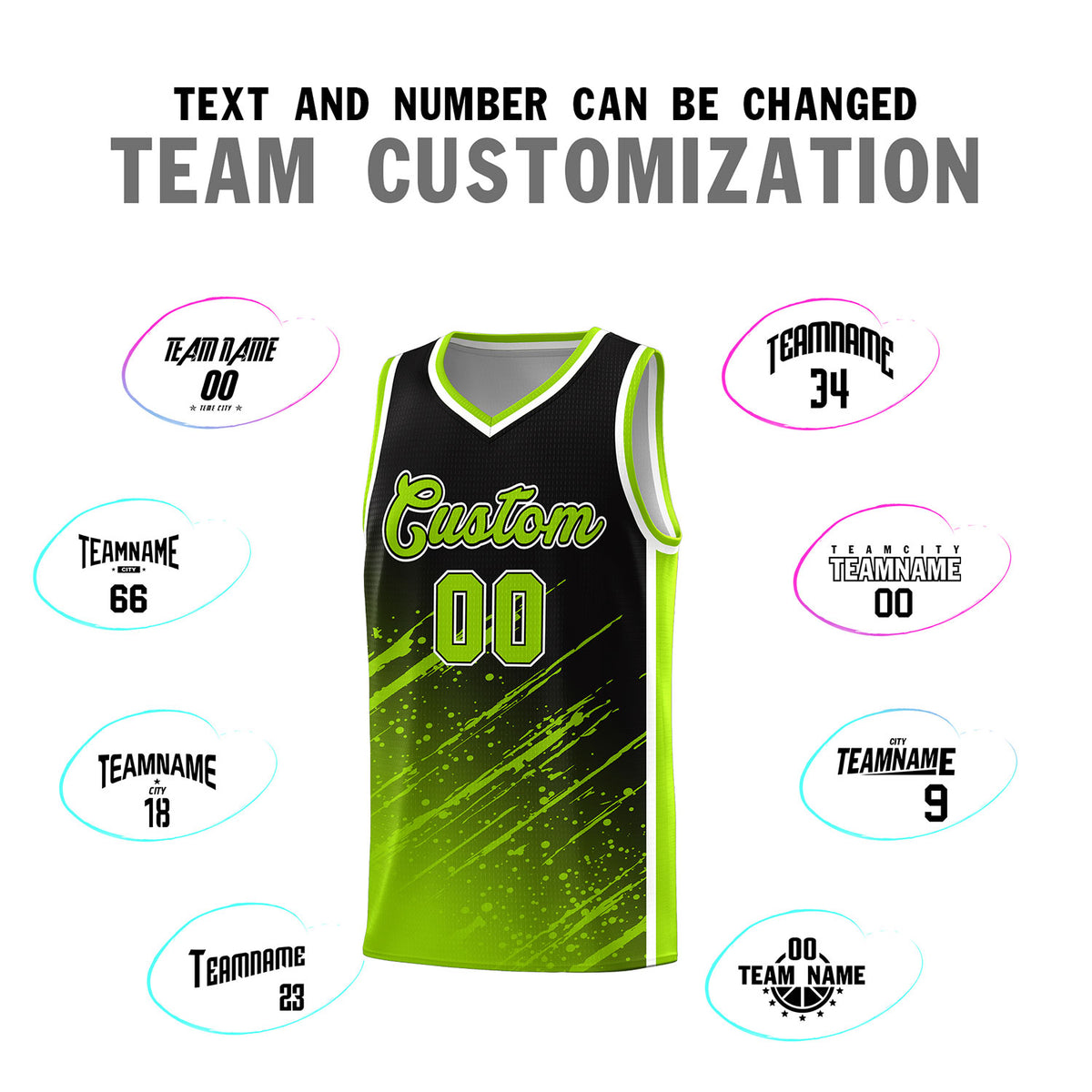 Custom Black Basketball Kits With Neon Green Paint Graffiti