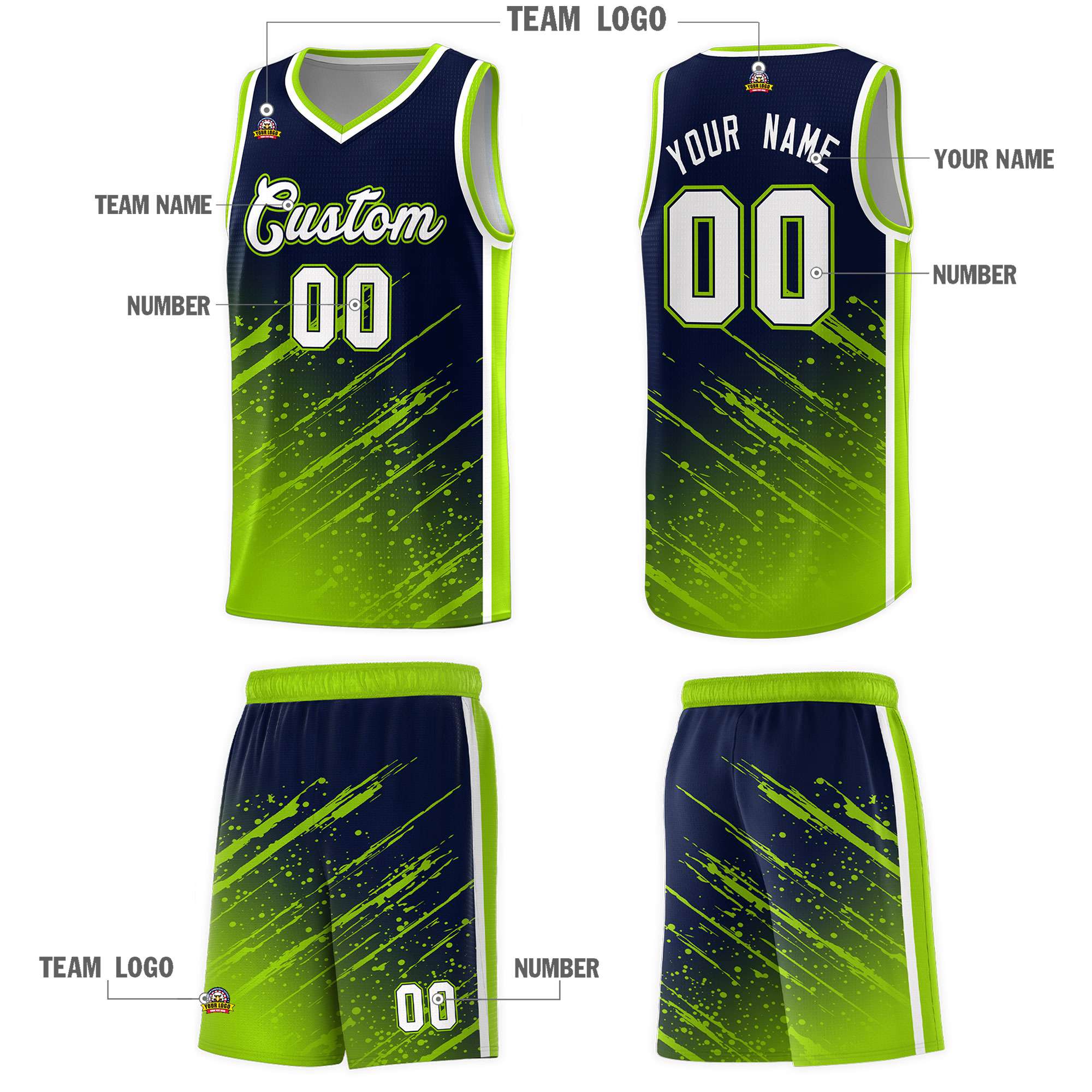 Custom Navy Basketball Kits With Neon Green Paint Graffiti