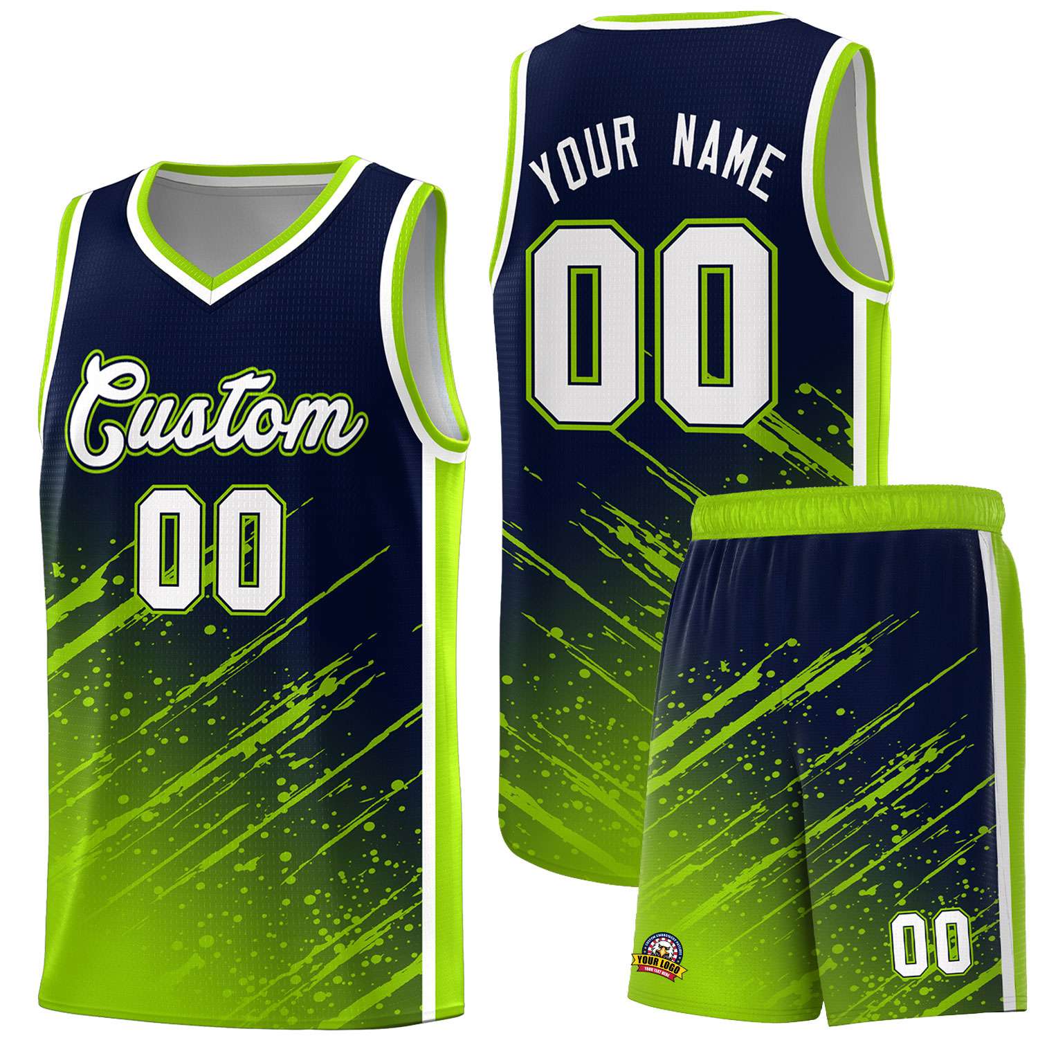 Custom Navy Basketball Kits With Neon Green Paint Graffiti
