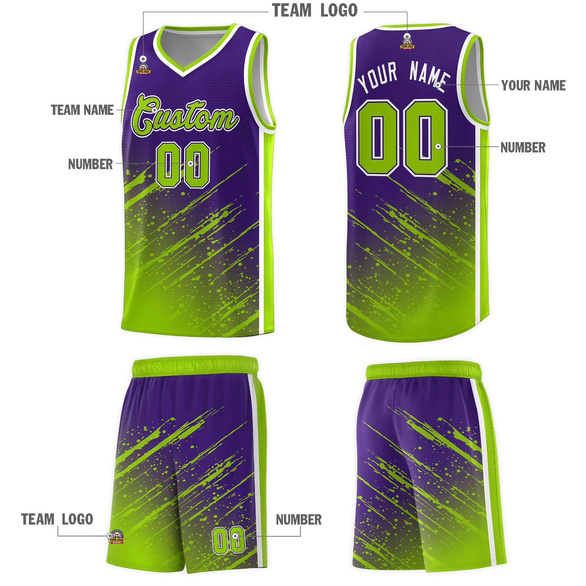 Custom Purple Basketball Kits With Neon Green Paint Graffiti
