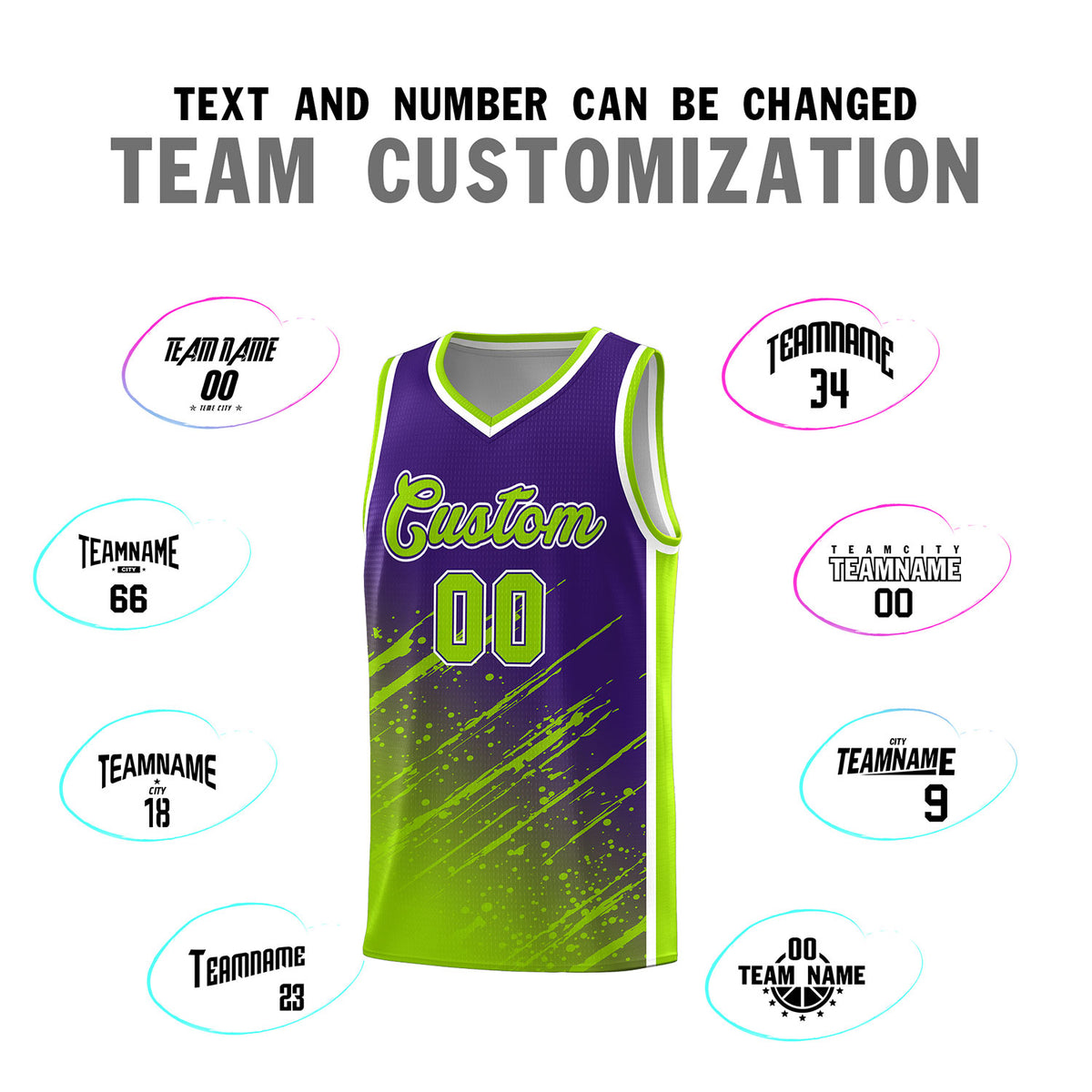 Custom Purple Basketball Kits With Neon Green Paint Graffiti