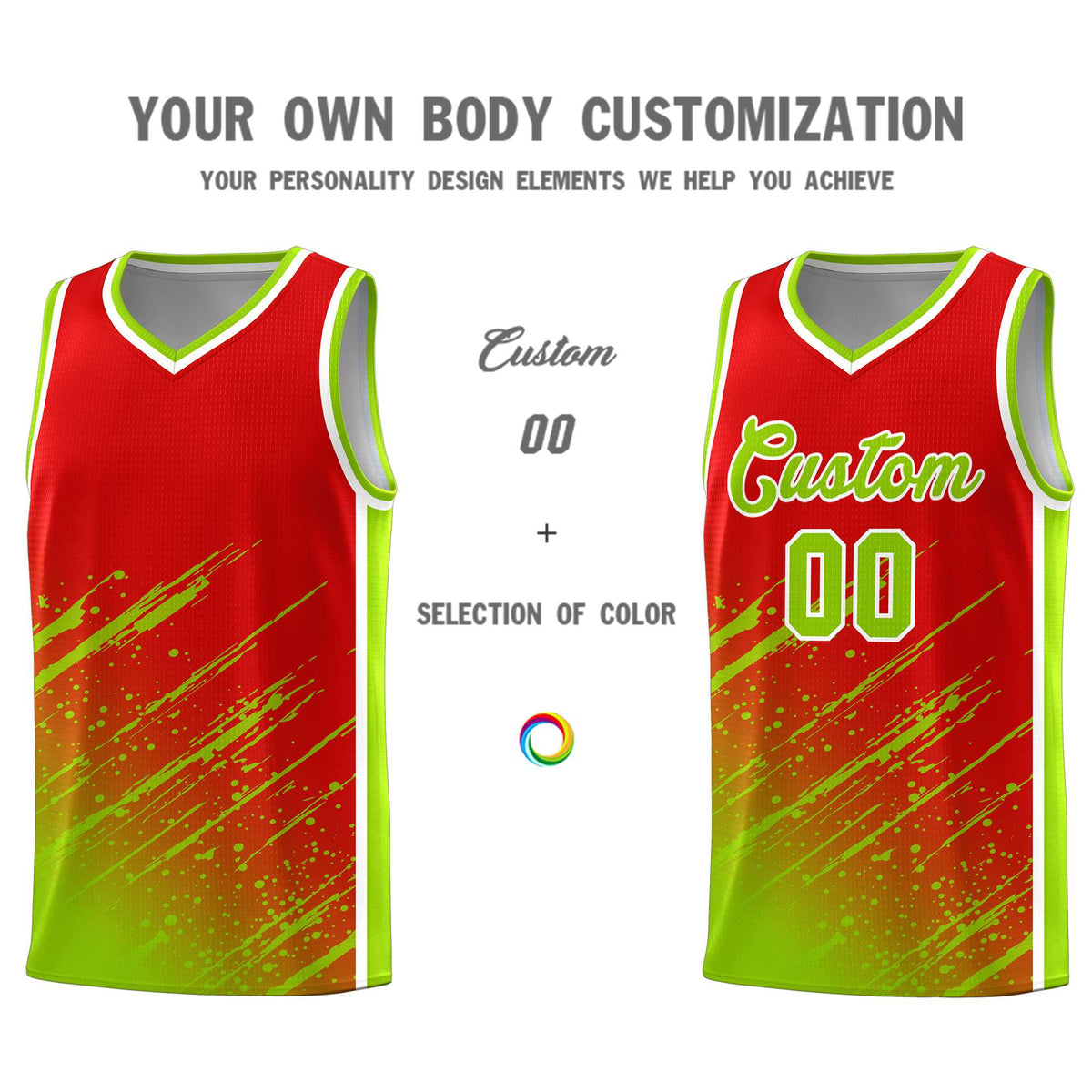 Custom Red Basketball Kits With Neon Green Paint Graffiti