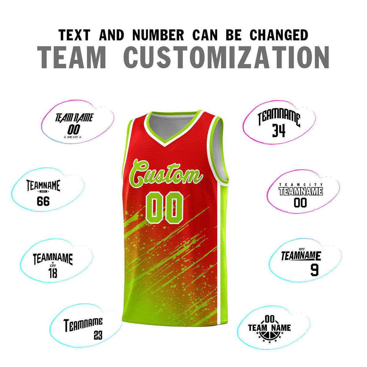 Custom Red Basketball Kits With Neon Green Paint Graffiti
