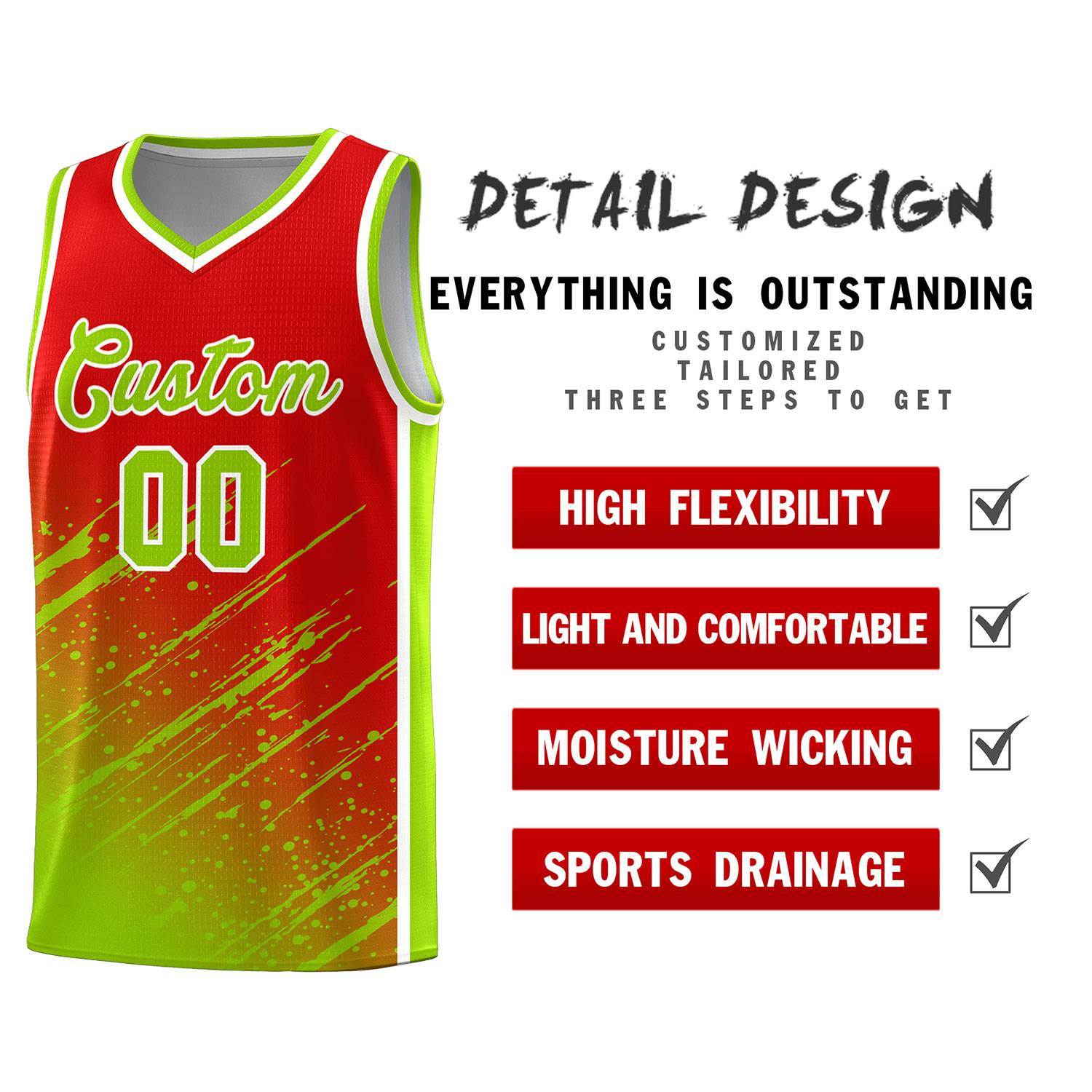 Custom Red Basketball Kits With Neon Green Paint Graffiti