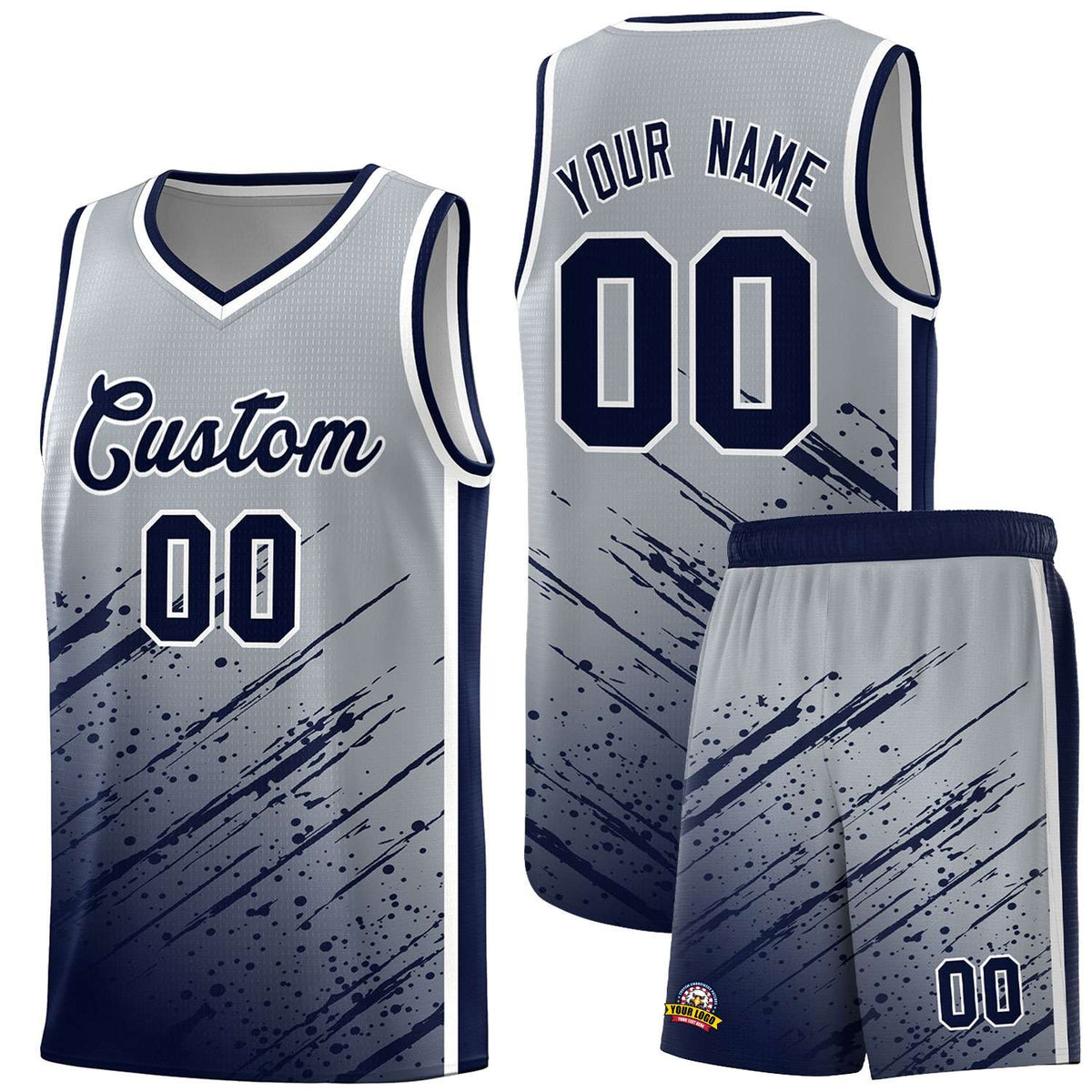 Custom Gray Basketball Kits With Navy Paint Graffiti