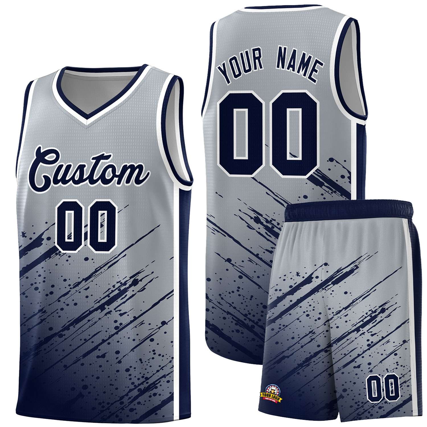 Custom Gray Basketball Kits With Navy Paint Graffiti
