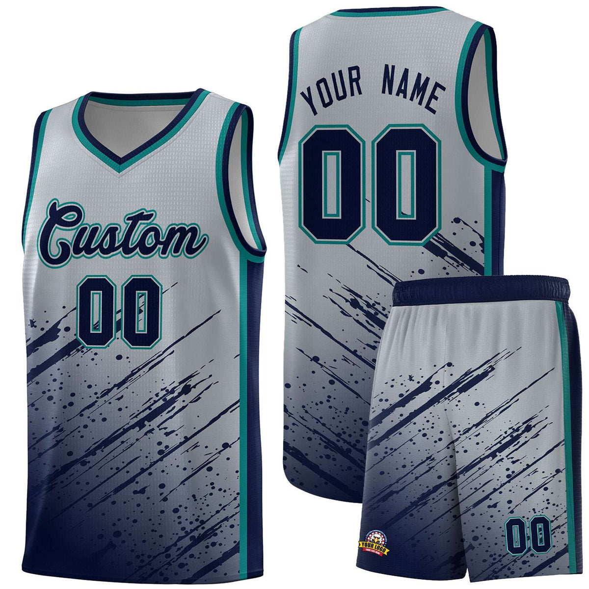 Custom Gray Basketball Kits With Navy Paint Graffiti