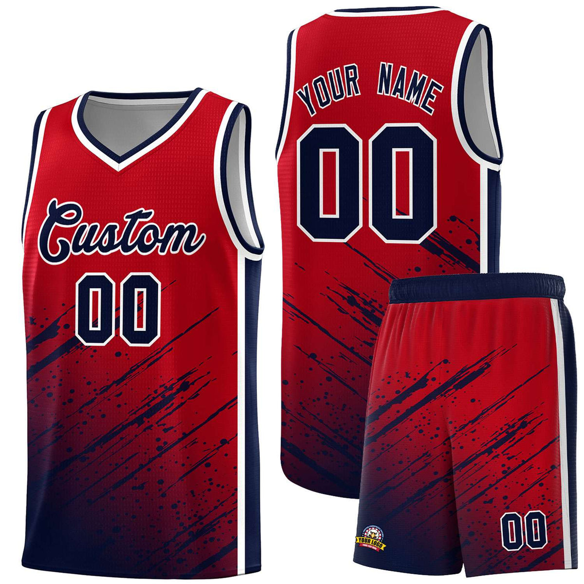 Custom Red Basketball Kits With Navy Paint Graffiti