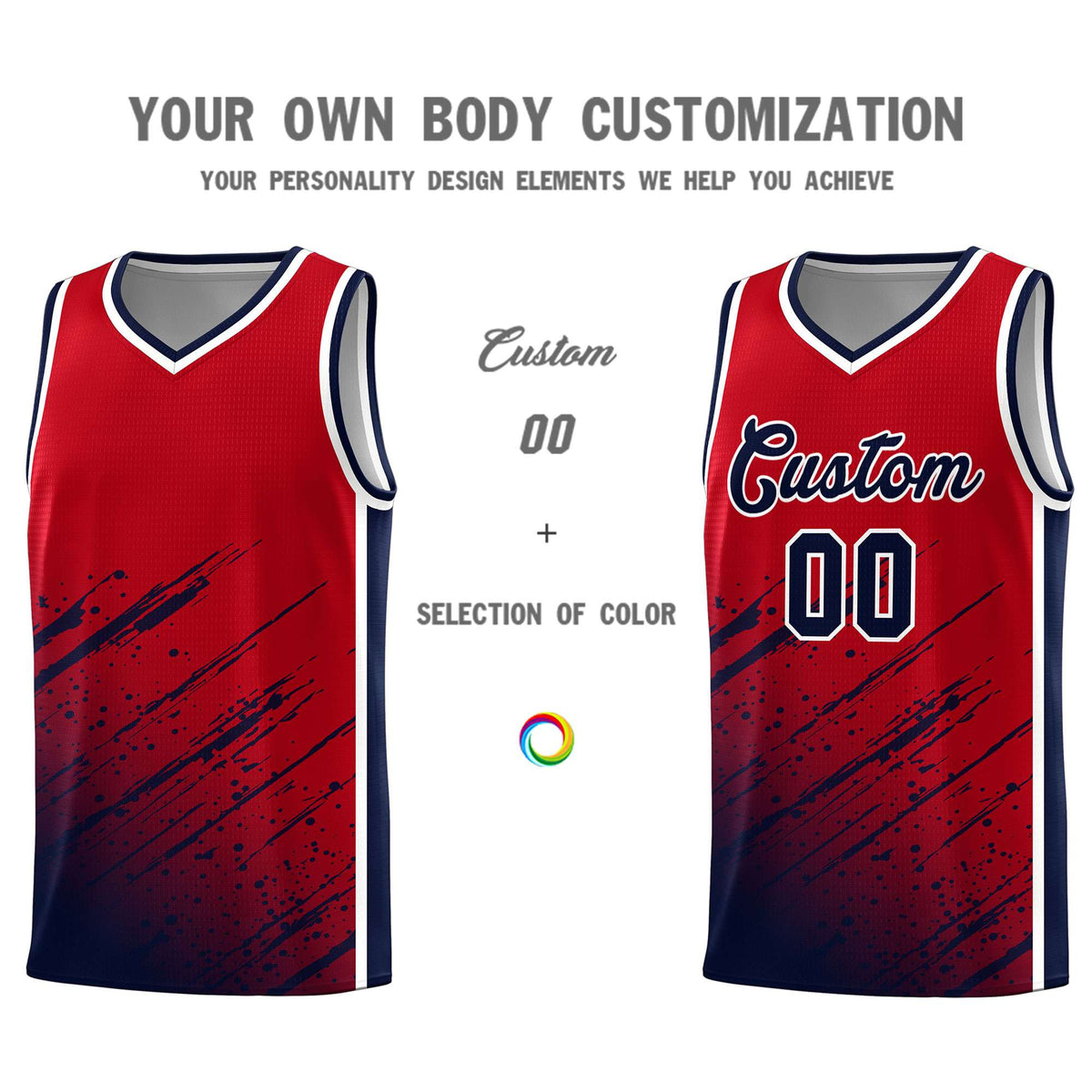 Custom Red Basketball Kits With Navy Paint Graffiti