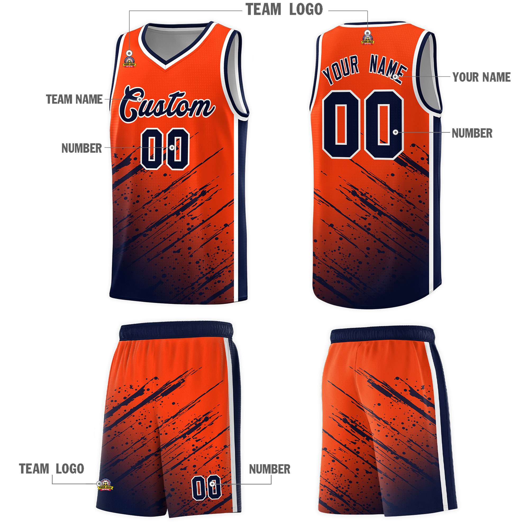 Custom Orange Basketball Kits With Navy Paint Graffiti