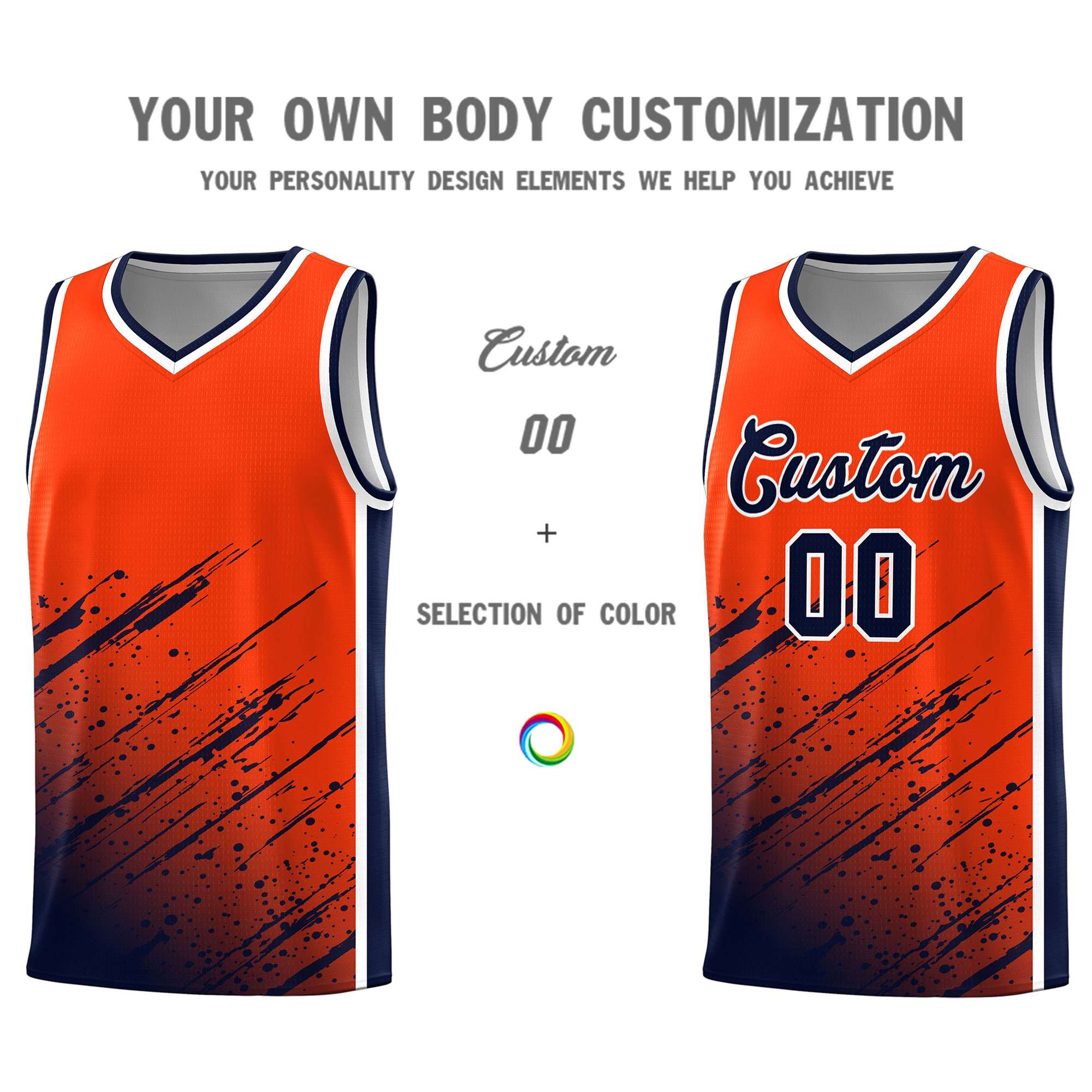 Custom Orange Basketball Kits With Navy Paint Graffiti