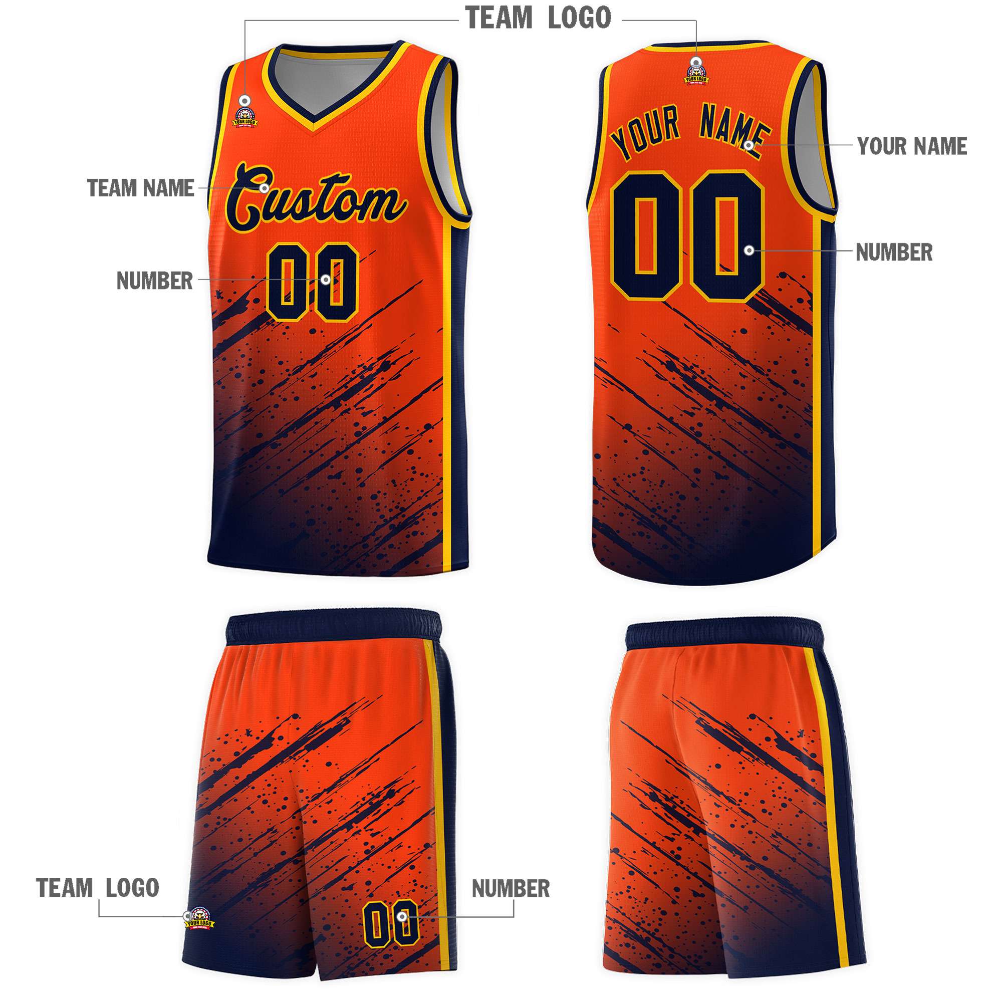 Custom Orange Basketball Kits With Navy Paint Graffiti