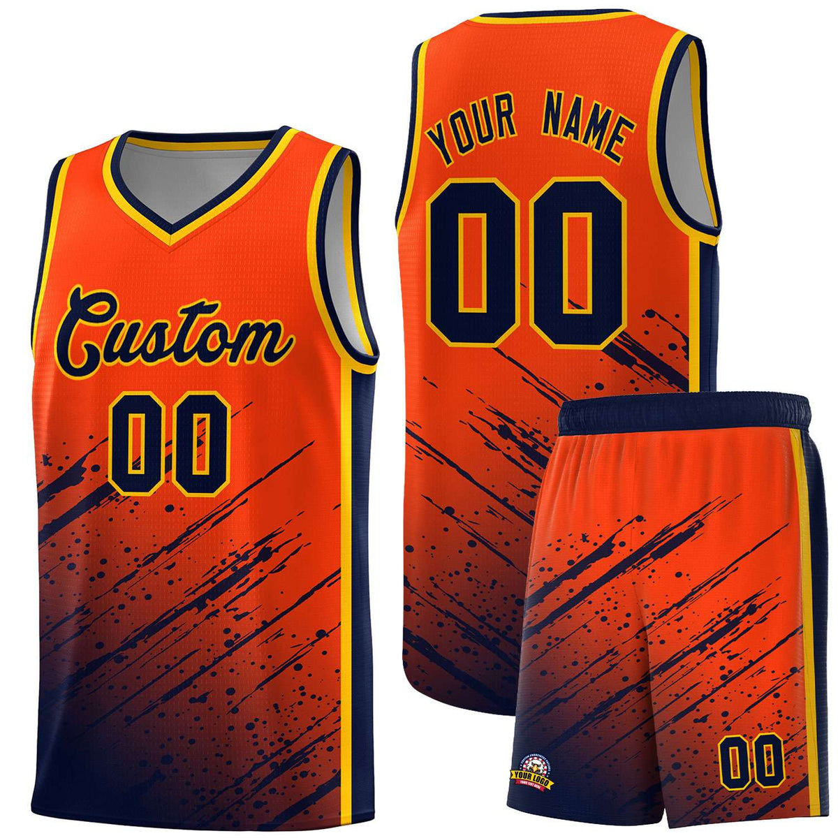 Custom Orange Basketball Kits With Navy Paint Graffiti