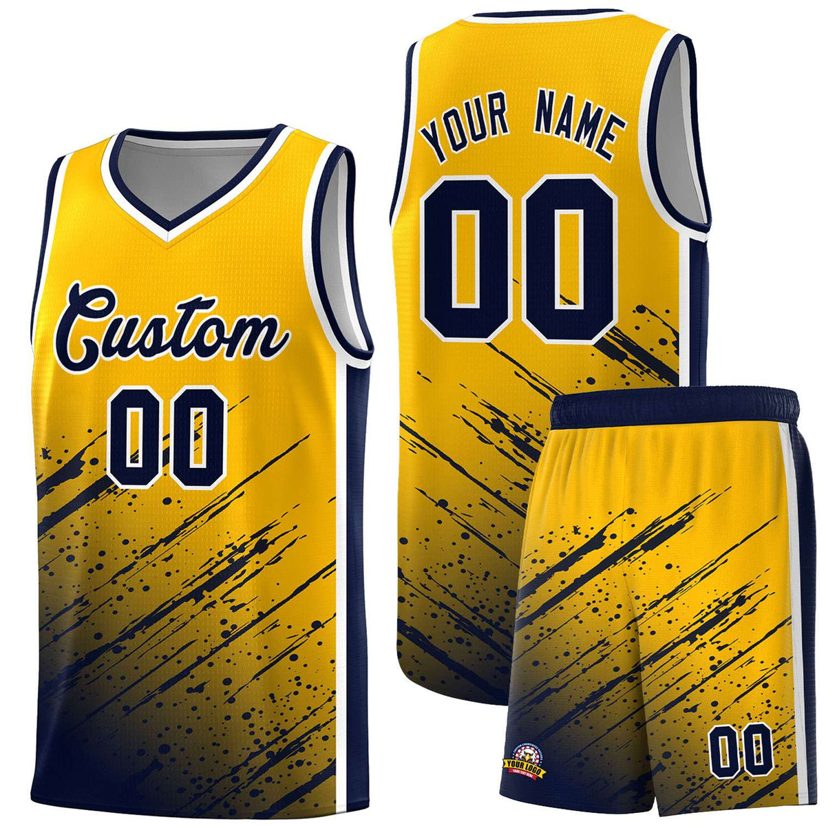 Custom Yellow Basketball Kits With Navy Paint Graffiti