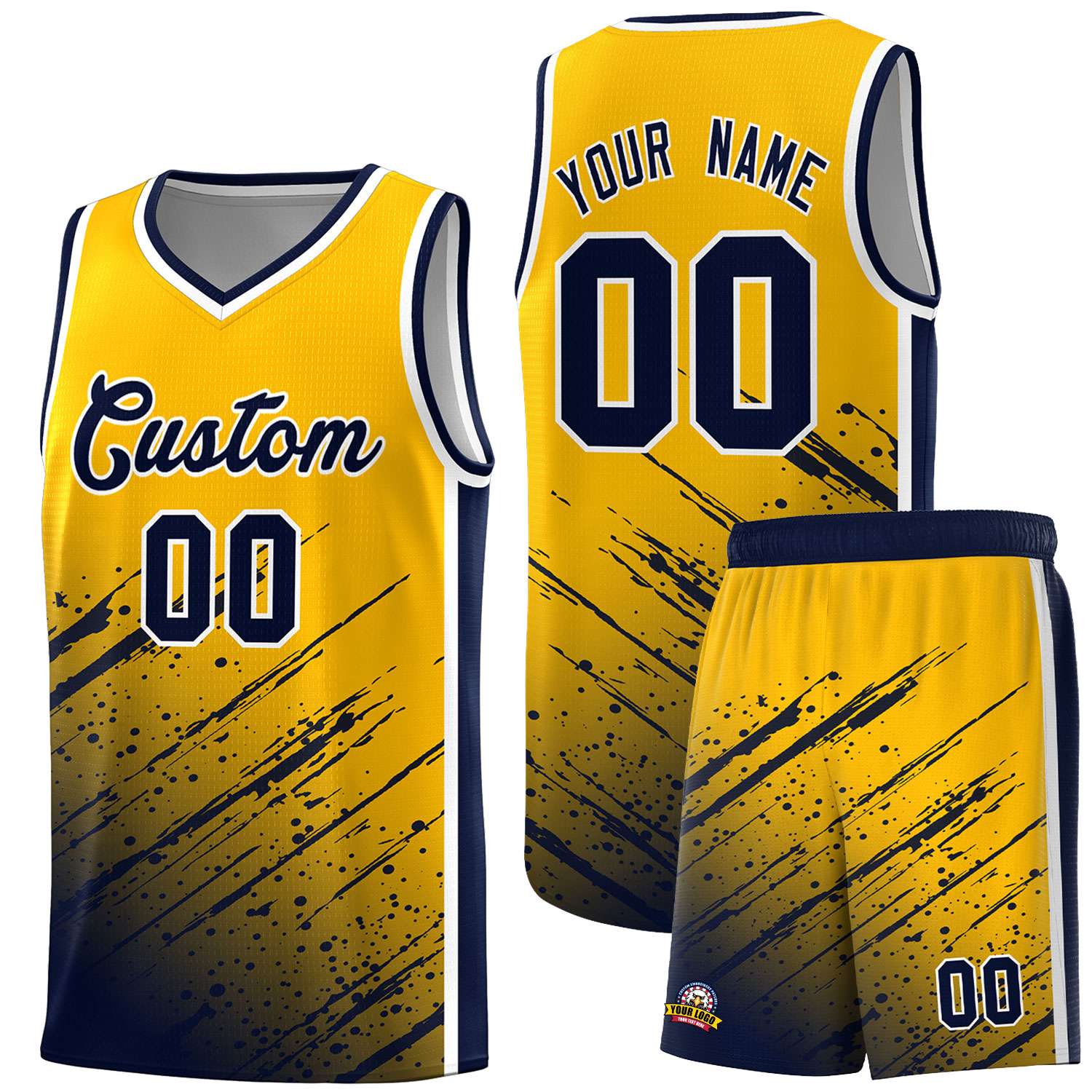 Custom Yellow Basketball Kits With Navy Paint Graffiti
