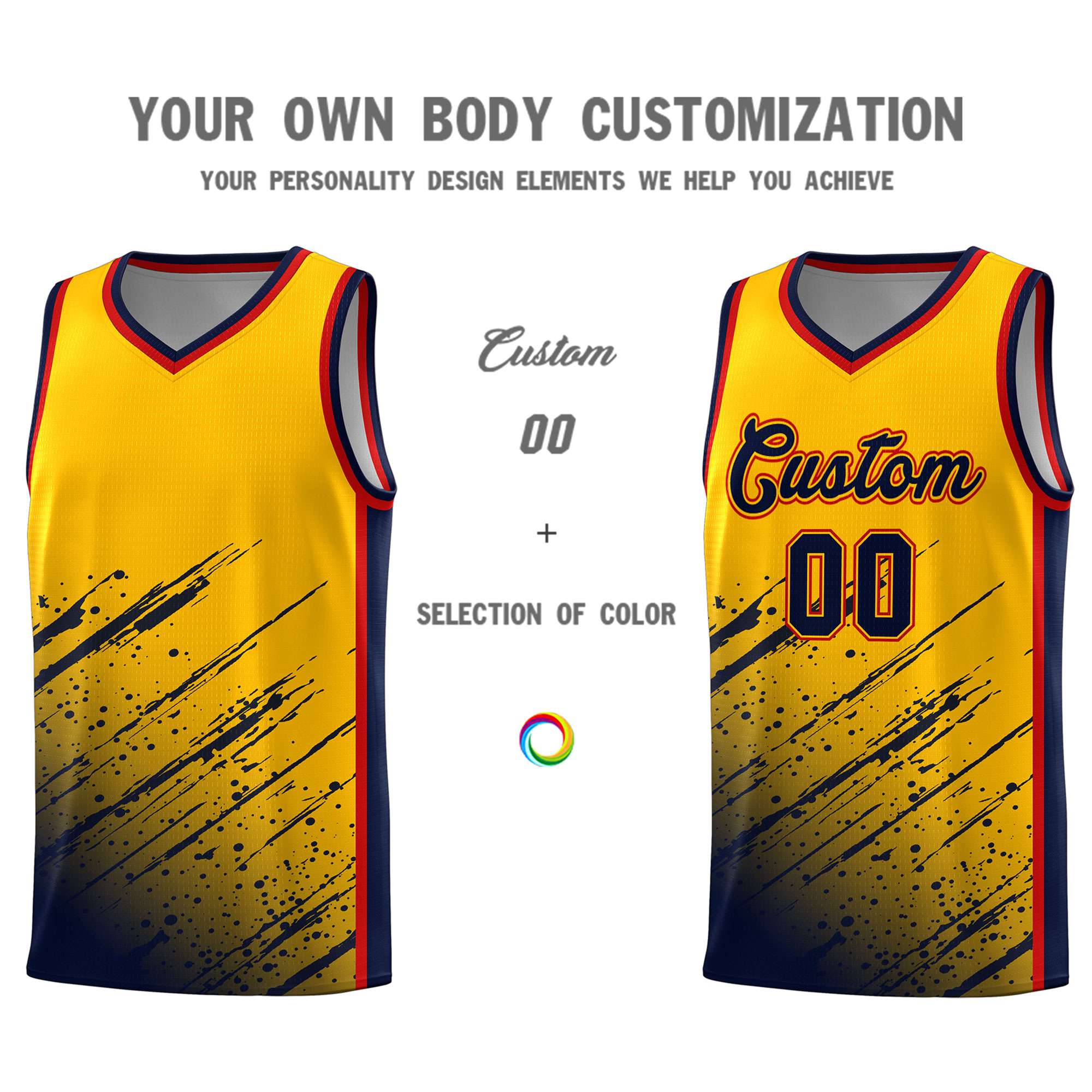 Custom Yellow Basketball Kits With Navy Paint Graffiti