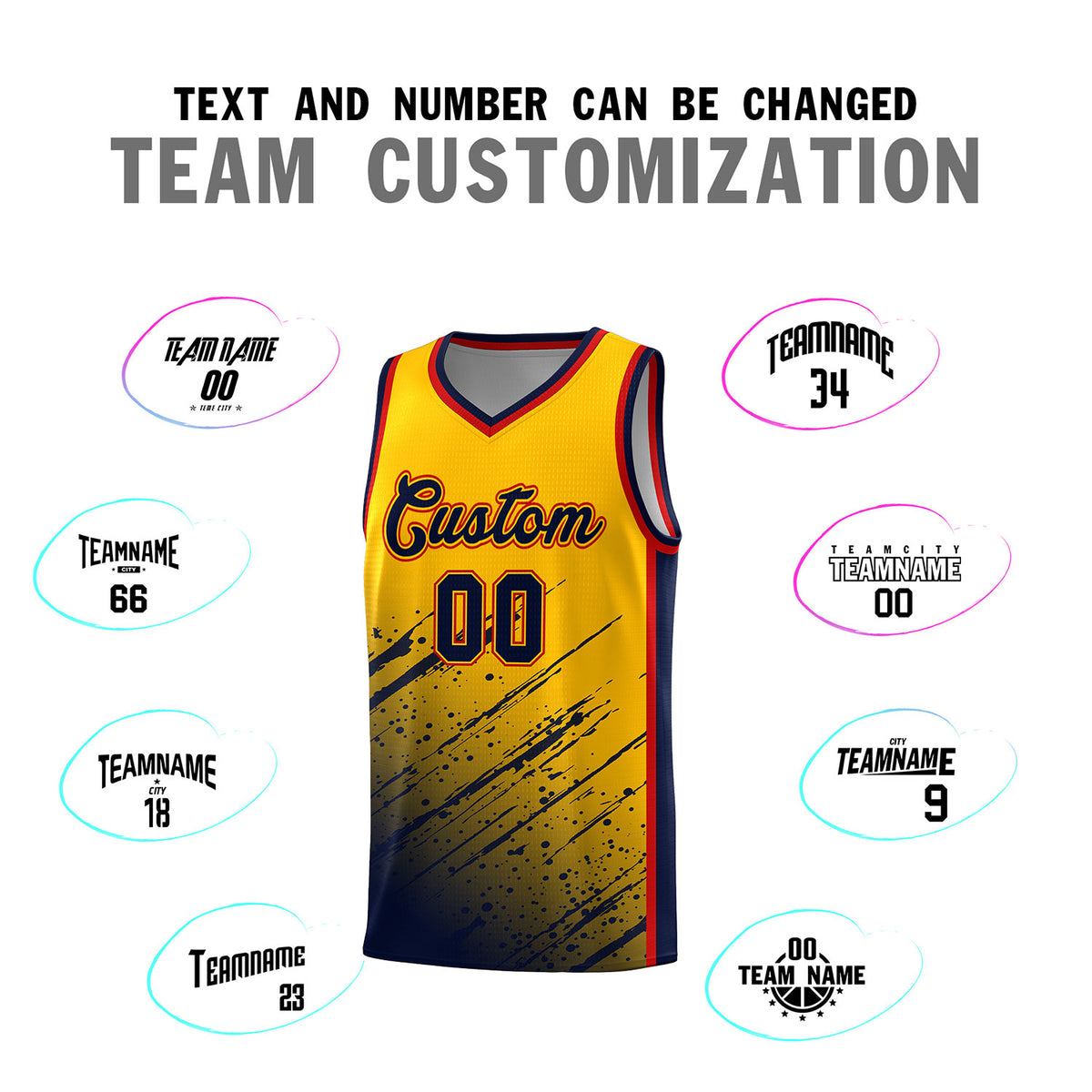 Custom Yellow Basketball Kits With Navy Paint Graffiti