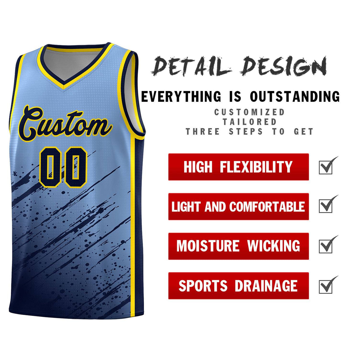 Custom Light Blue Basketball Kits With Navy Paint Graffiti