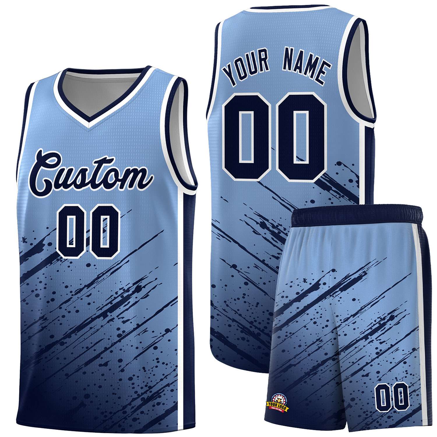 Custom Light Blue Basketball Kits With Navy Paint Graffiti