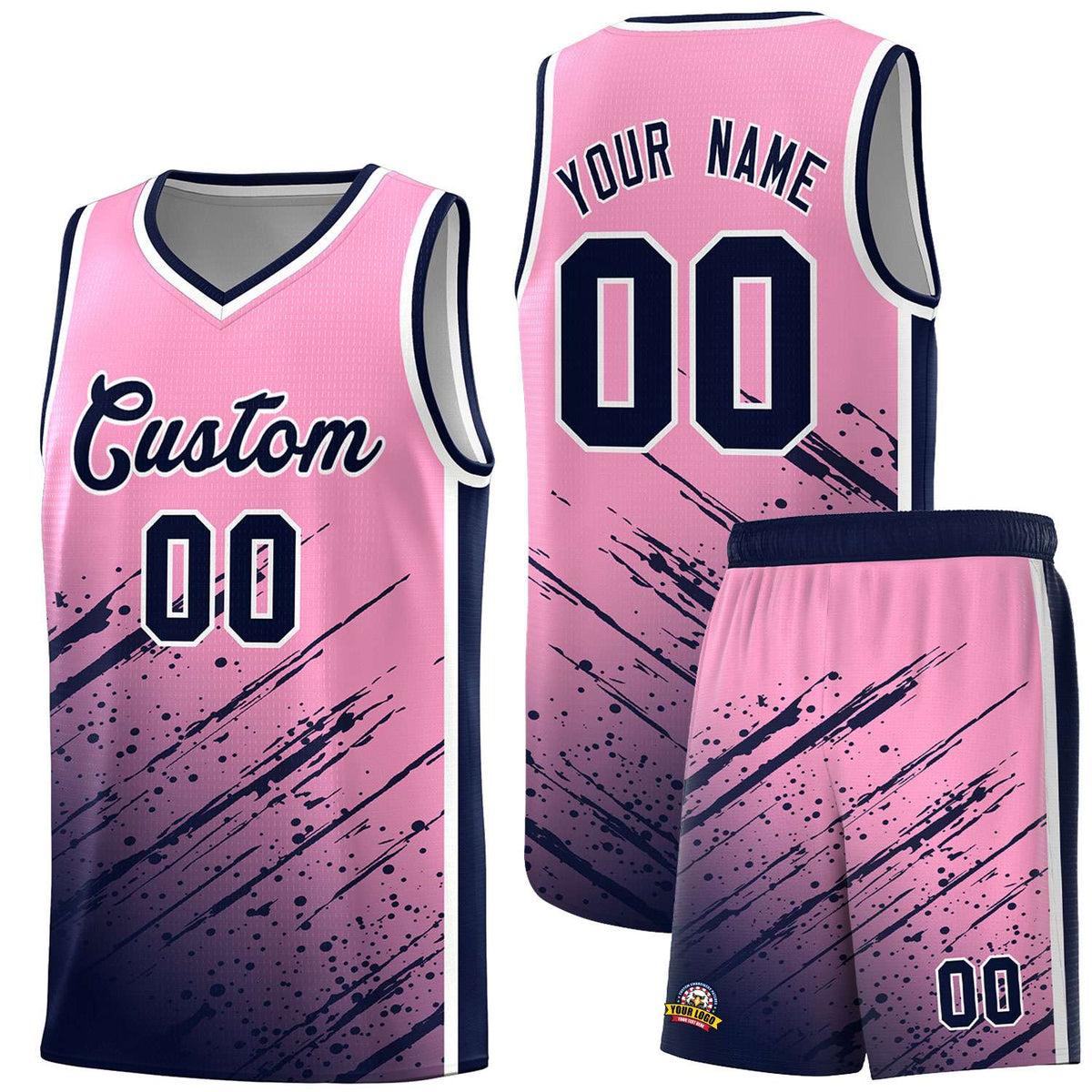 Custom Light Pink Basketball Kits With Navy Paint Graffiti