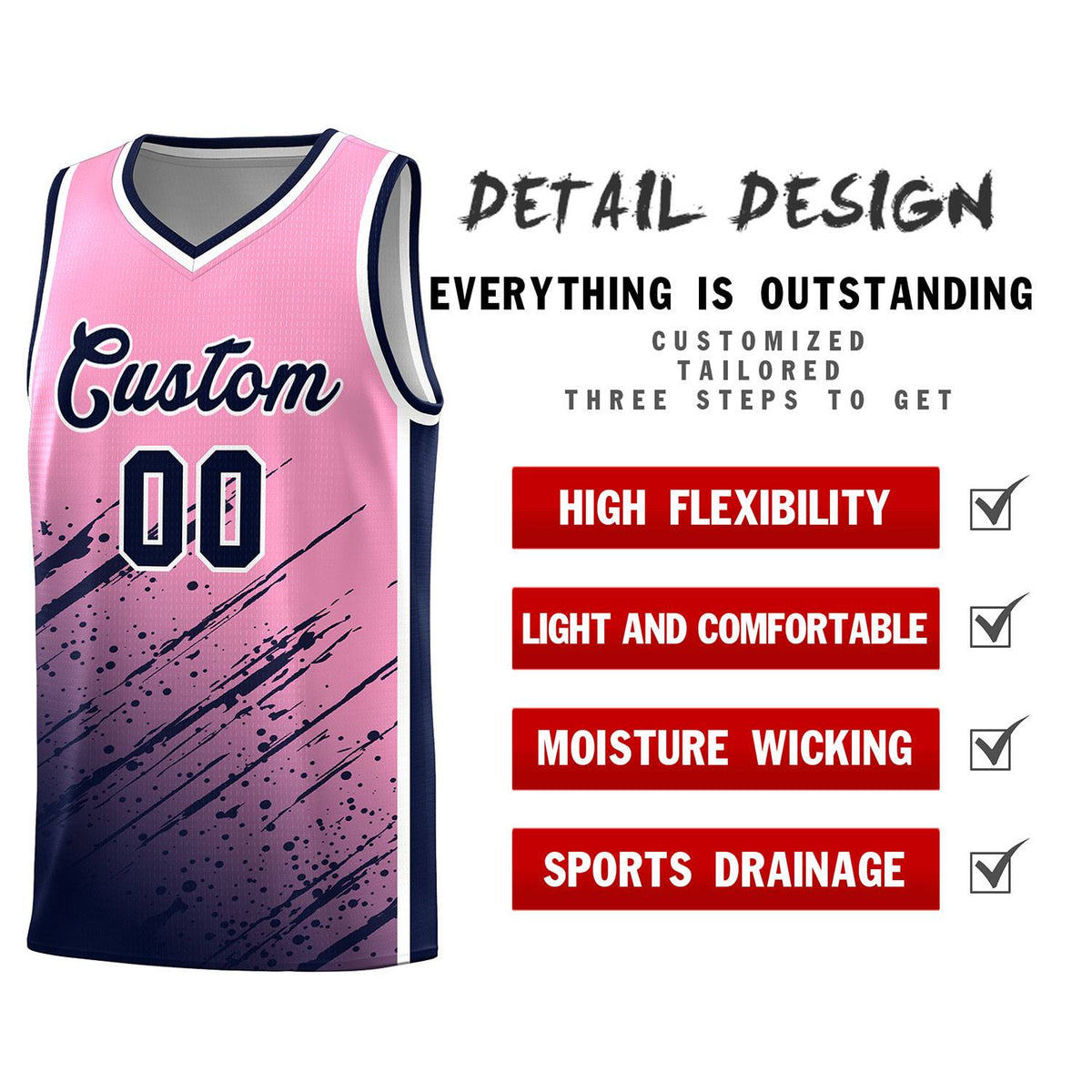 Custom Light Pink Basketball Kits With Navy Paint Graffiti