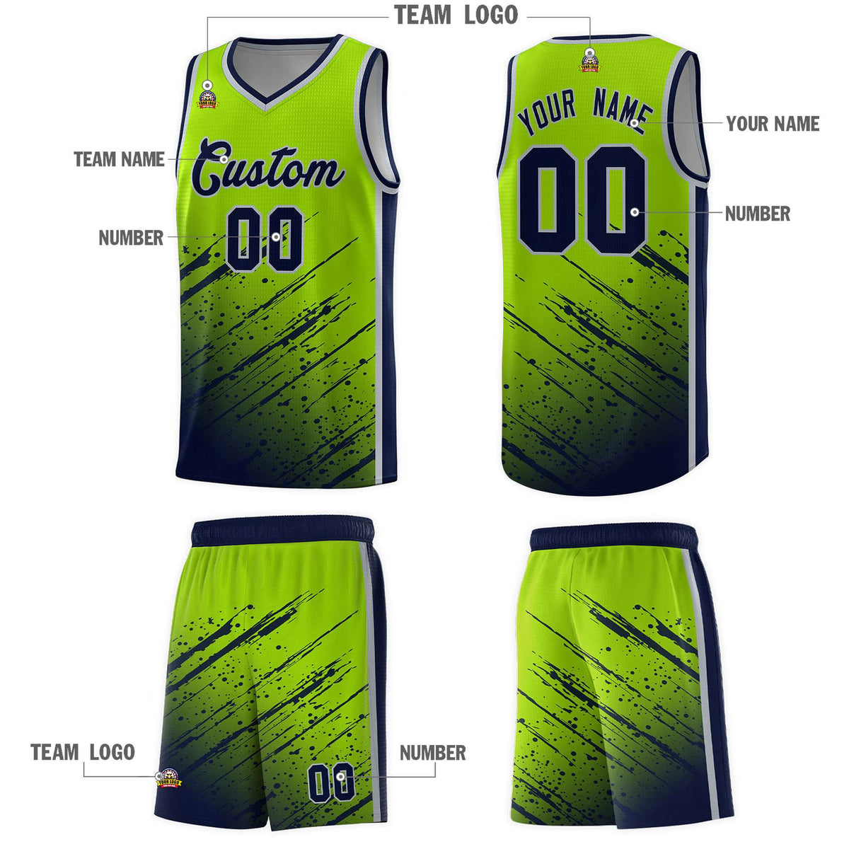Custom Neon Green Basketball Kits With Navy Paint Graffiti