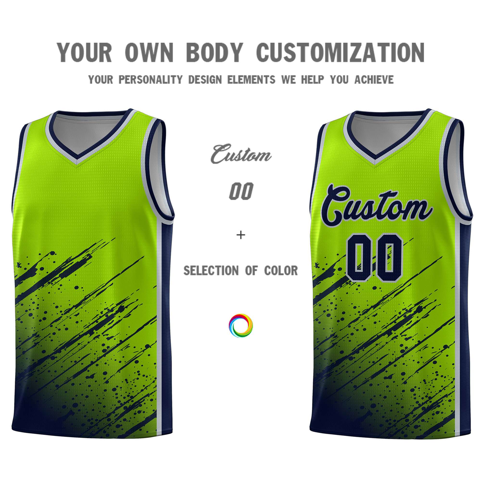 Custom Neon Green Basketball Kits With Navy Paint Graffiti