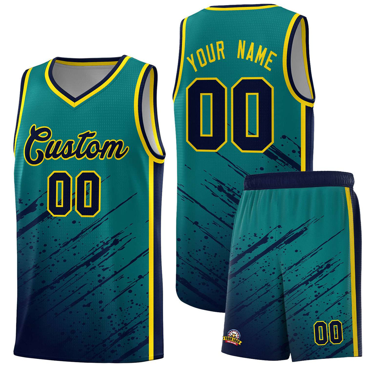 Custom Aqua Basketball Kits With Navy Paint Graffiti