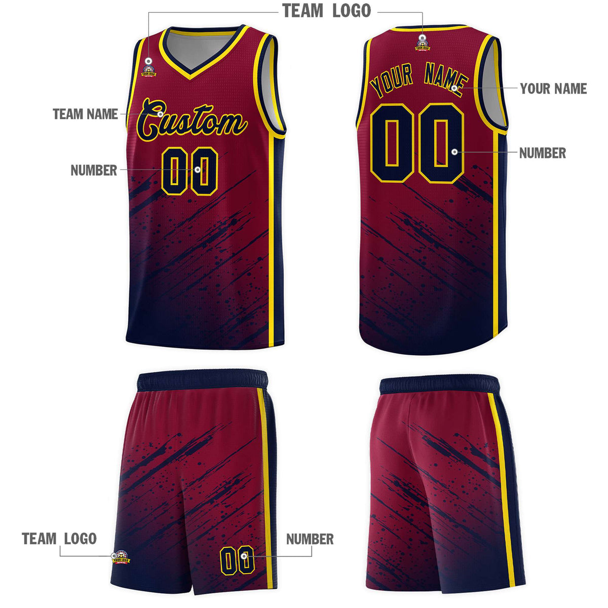 Custom Crimson Basketball Kits With Navy Paint Graffiti