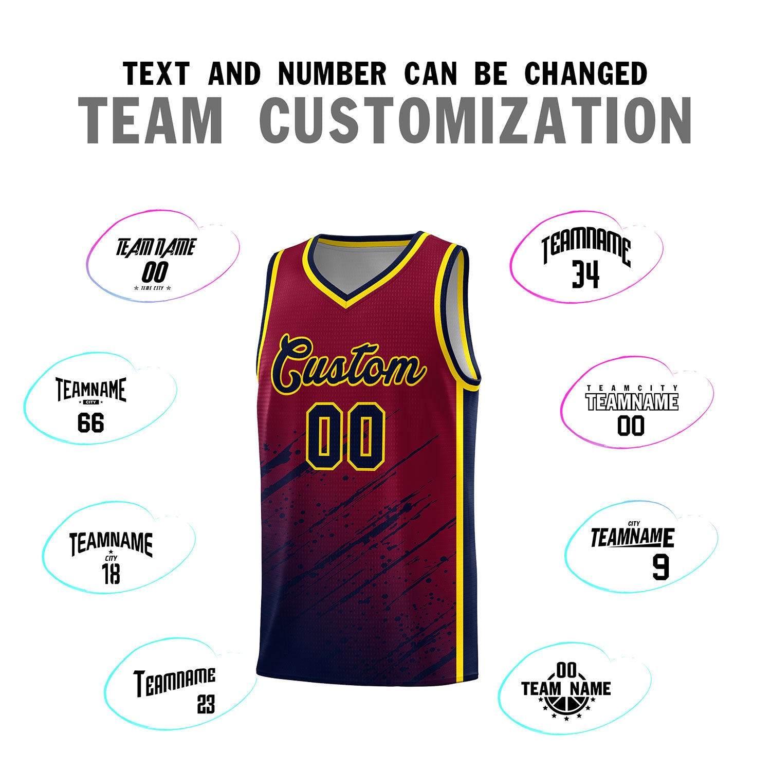 Custom Crimson Basketball Kits With Navy Paint Graffiti